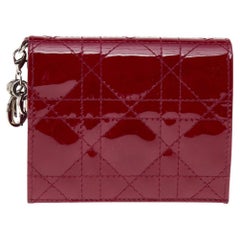 Used Dior Dark Red Cannage Patent Leather Mini Lady Dior Wallet