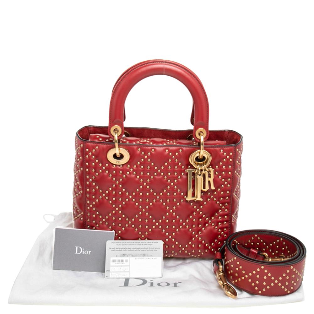 Dior Dark Red Leather Medium Studded Supple Lady Dior Tote 6