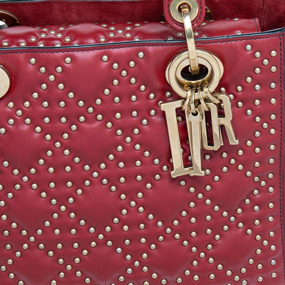 Dior Dark Red Leather Medium Studded Supple Lady Dior Tote 1