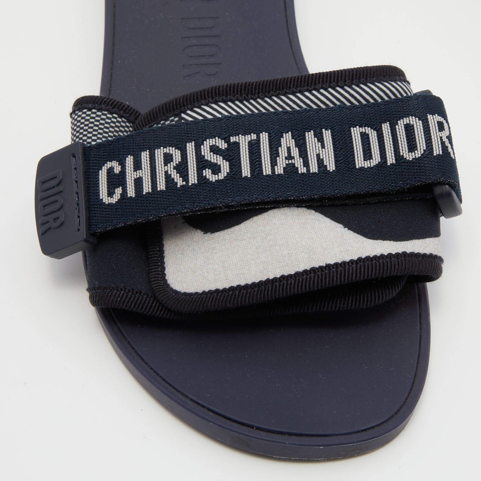 Dior Deep Blue Printed Fabric Dio(r)evolution Flat Slides Size 35 1