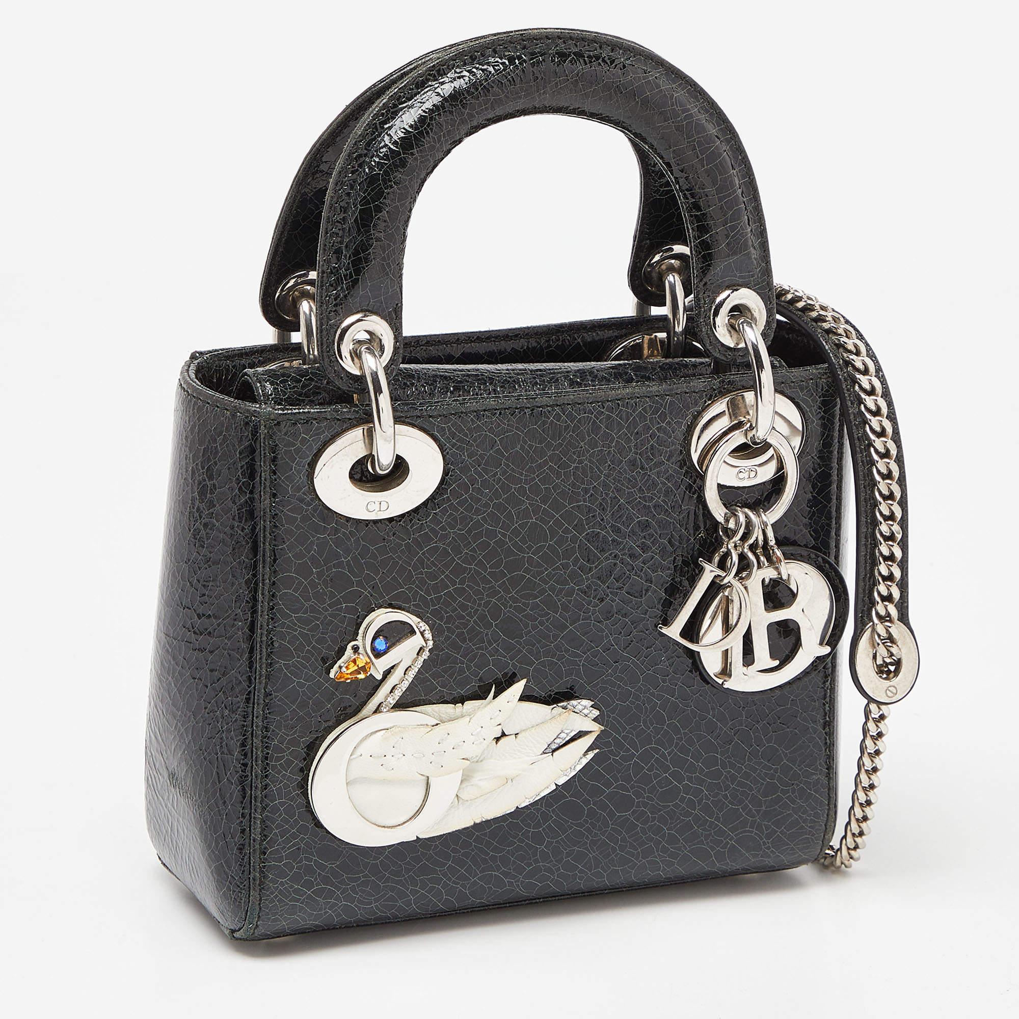Dior Deep Green Crackled Leather Mini Chain Lady Dior Tote In Fair Condition In Dubai, Al Qouz 2