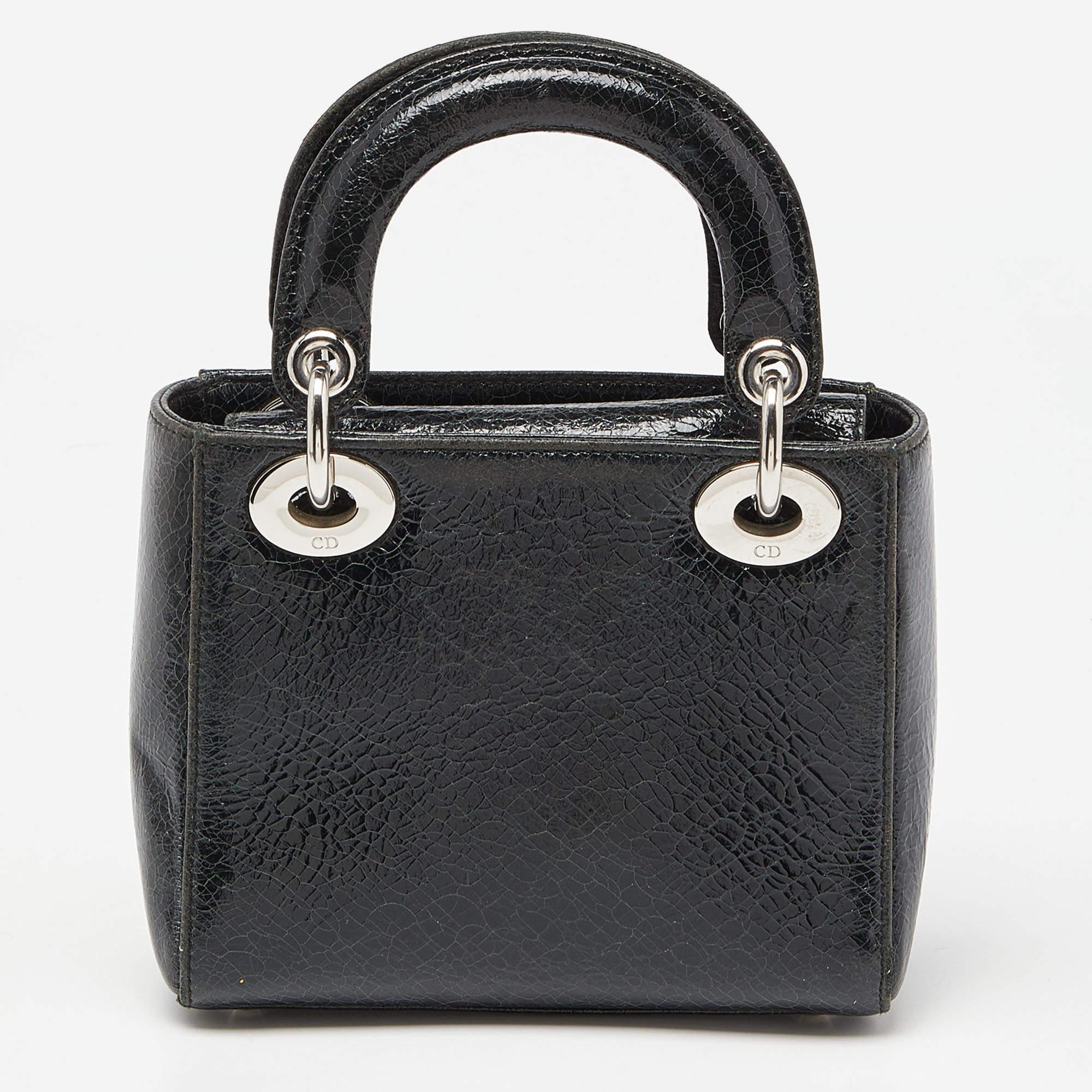 Women's Dior Deep Green Crackled Leather Mini Chain Lady Dior Tote