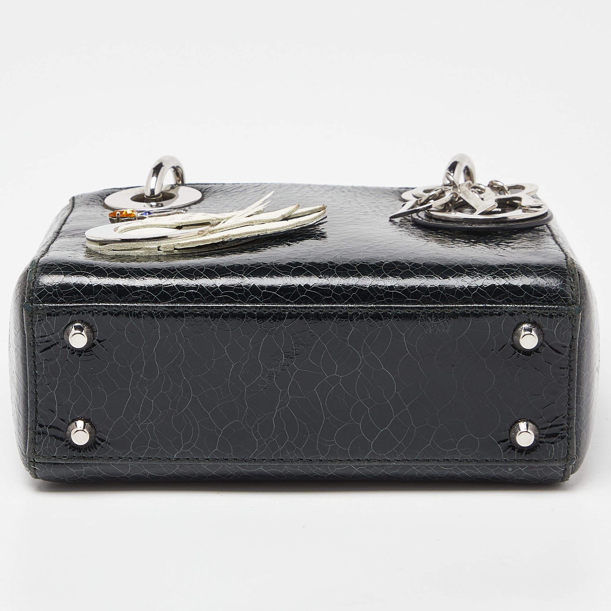 Dior Deep Green Crackled Leather Mini Chain Lady Dior Tote 2