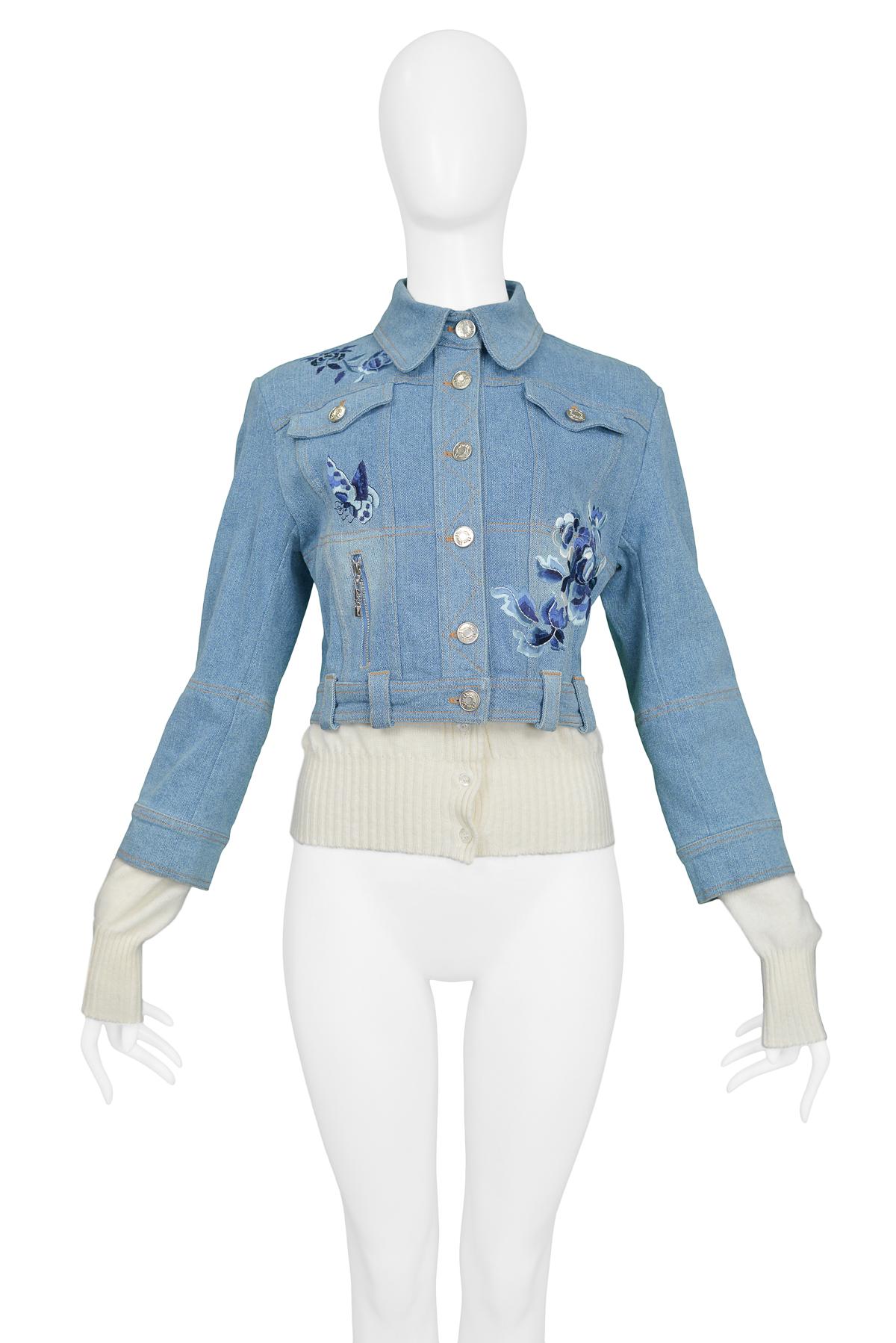 Resurrection Vintage is excited to offer a vintage Christian Dior by John Galliano blue denim jacket featuring tonal floral & butterfly embroidery, a cream sweater under layer, and belt loop detail at the hem.

Christian Dior
Designed By John