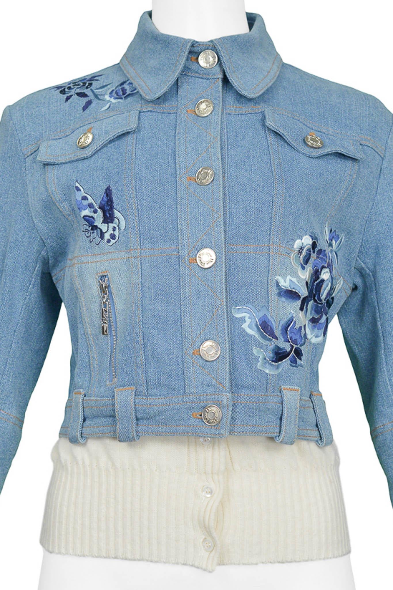 Gris Dior Denim Bleu Veste brodée et tricotée en vente