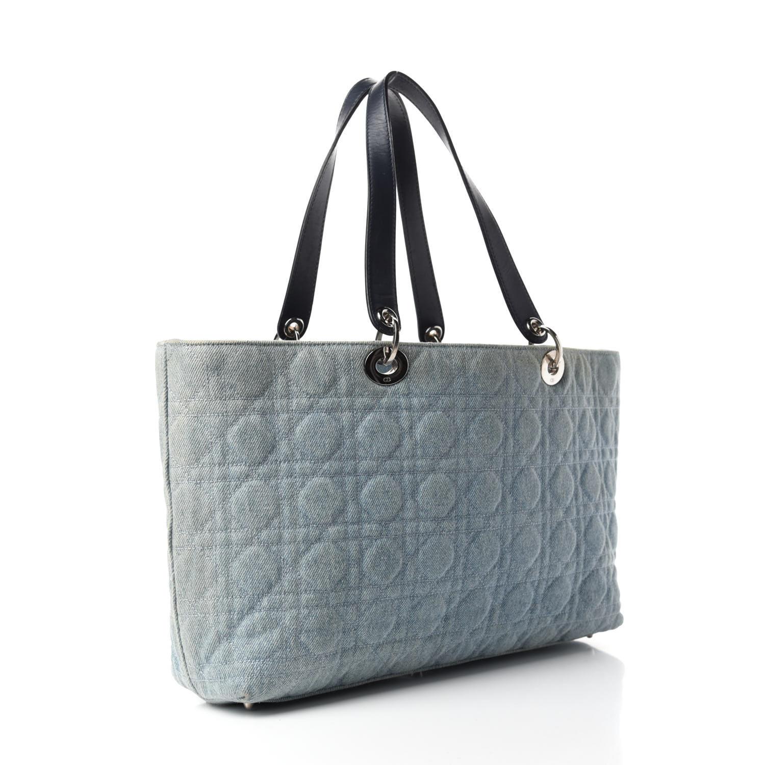 Gray Christian Dior Denim Cannage Light Blue Lady Dior Shopper Tote For Sale
