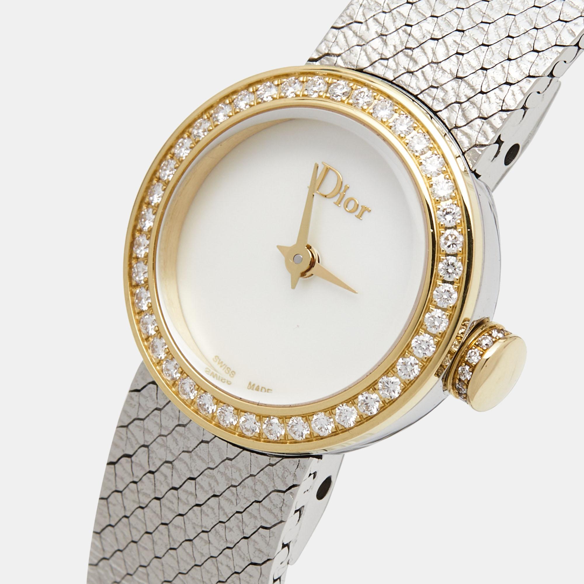 The Dior wristwatch is an exquisite blend of luxury and elegance. Crafted in 18K yellow gold and stainless steel, it features a radiant mother-of-pearl dial, adorned with diamonds, and showcases the iconic La Mini D Dior Satine design, epitomizing