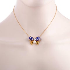 Dior Diamond and Pearl Blue Enamel Gold Bow Pendant Necklace