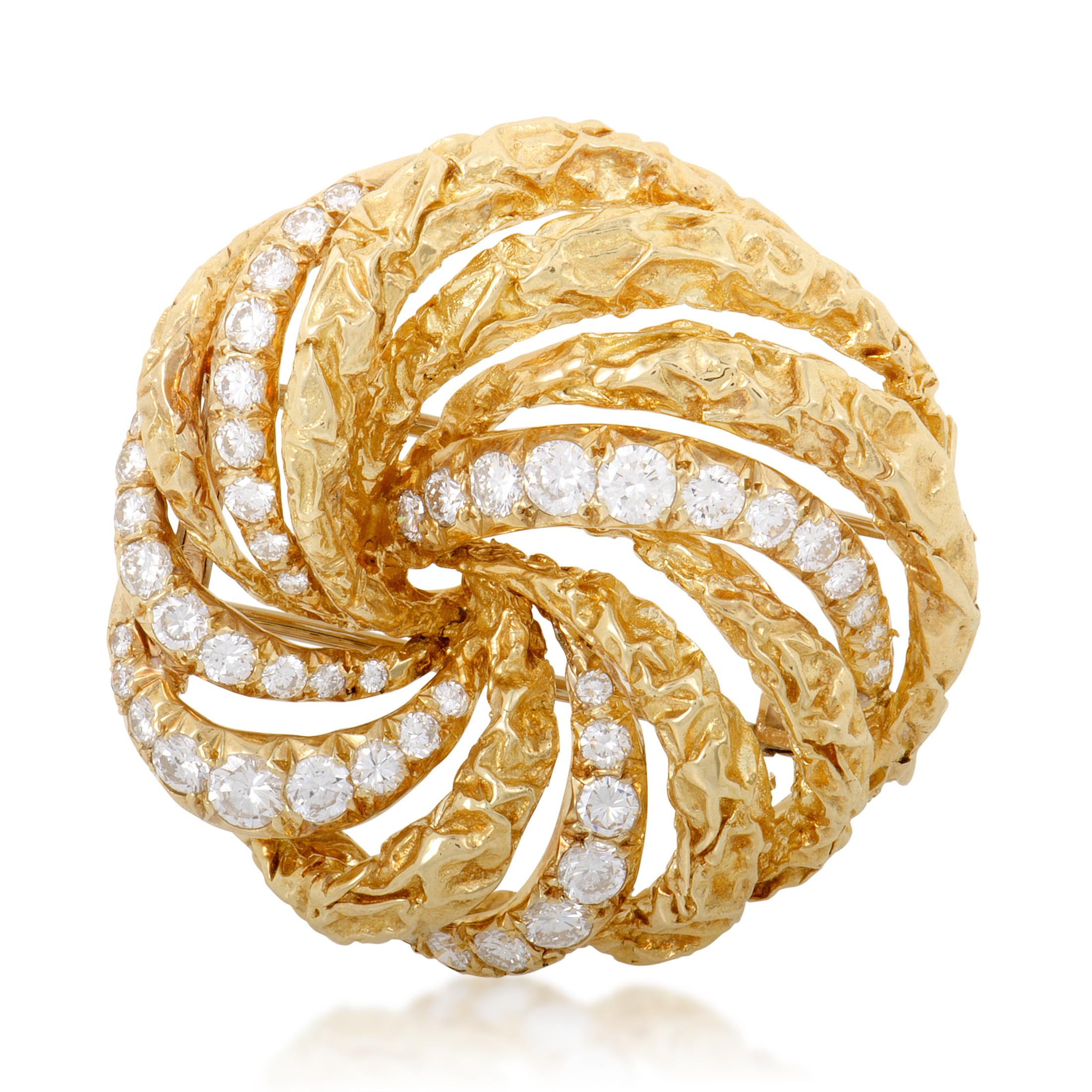 Dior Diamond Yellow Gold Swirl Brooch In Excellent Condition In Southampton, PA