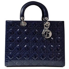 Dior Dior Navy Blue Patent Leather Large Lady Dior Tote