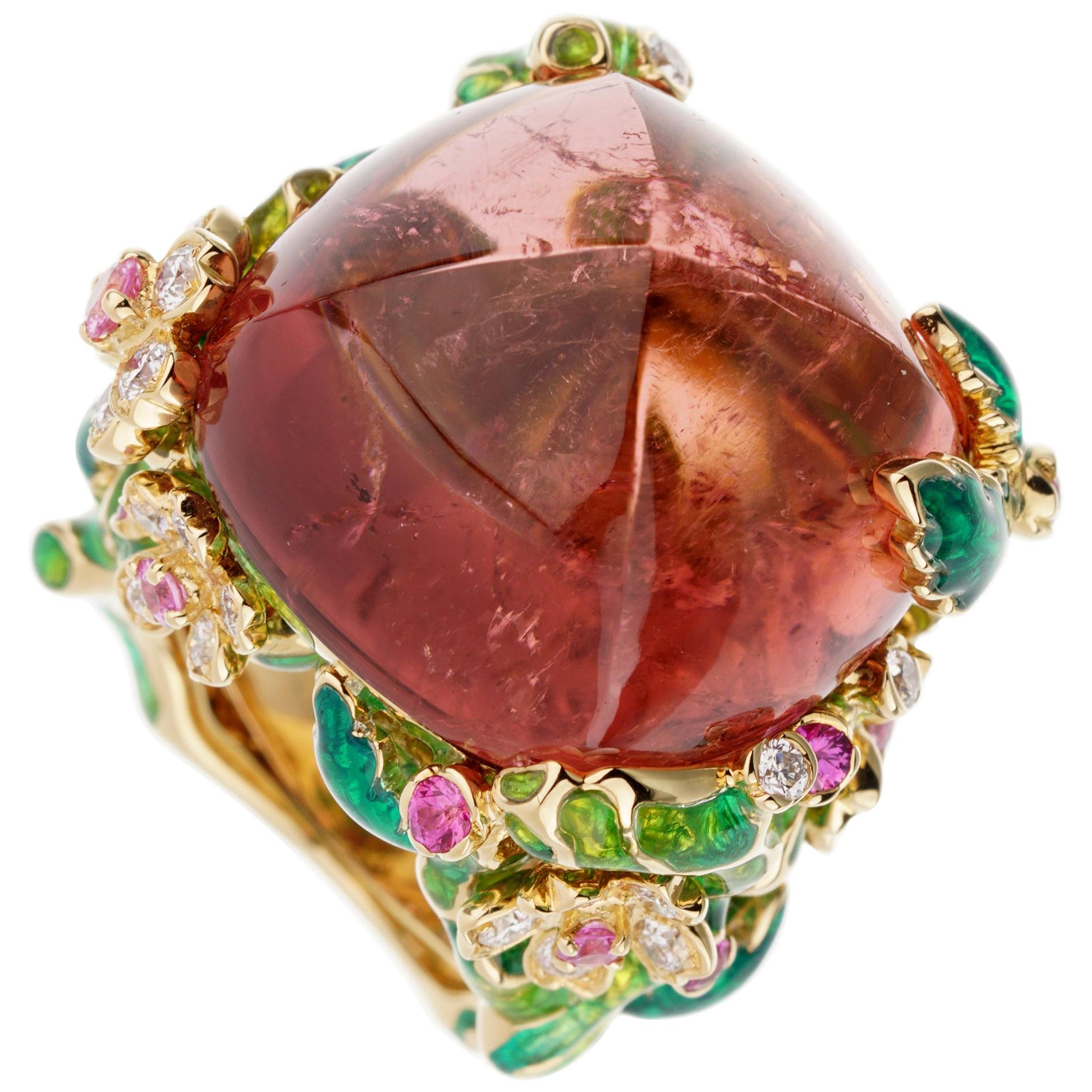 Dior Diorella 45 Carat Rubellite Diamond Yellow Gold Cocktail Ring For Sale