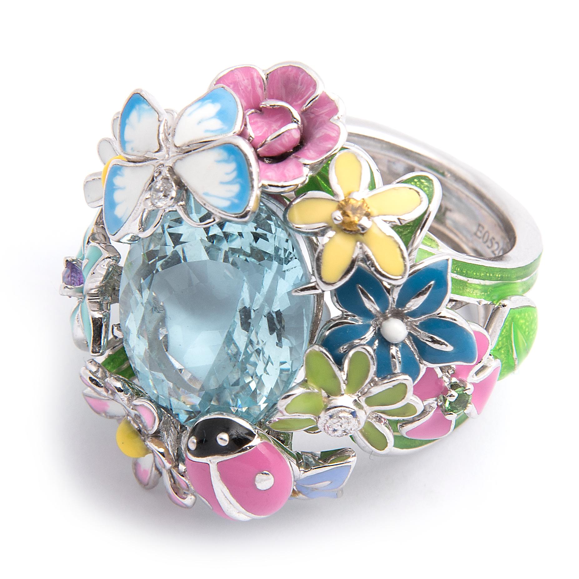 Dior 'Diorette' 18k White Gold, Lacquer and Aquamarine Flower Ring In New Condition For Sale In London, GB