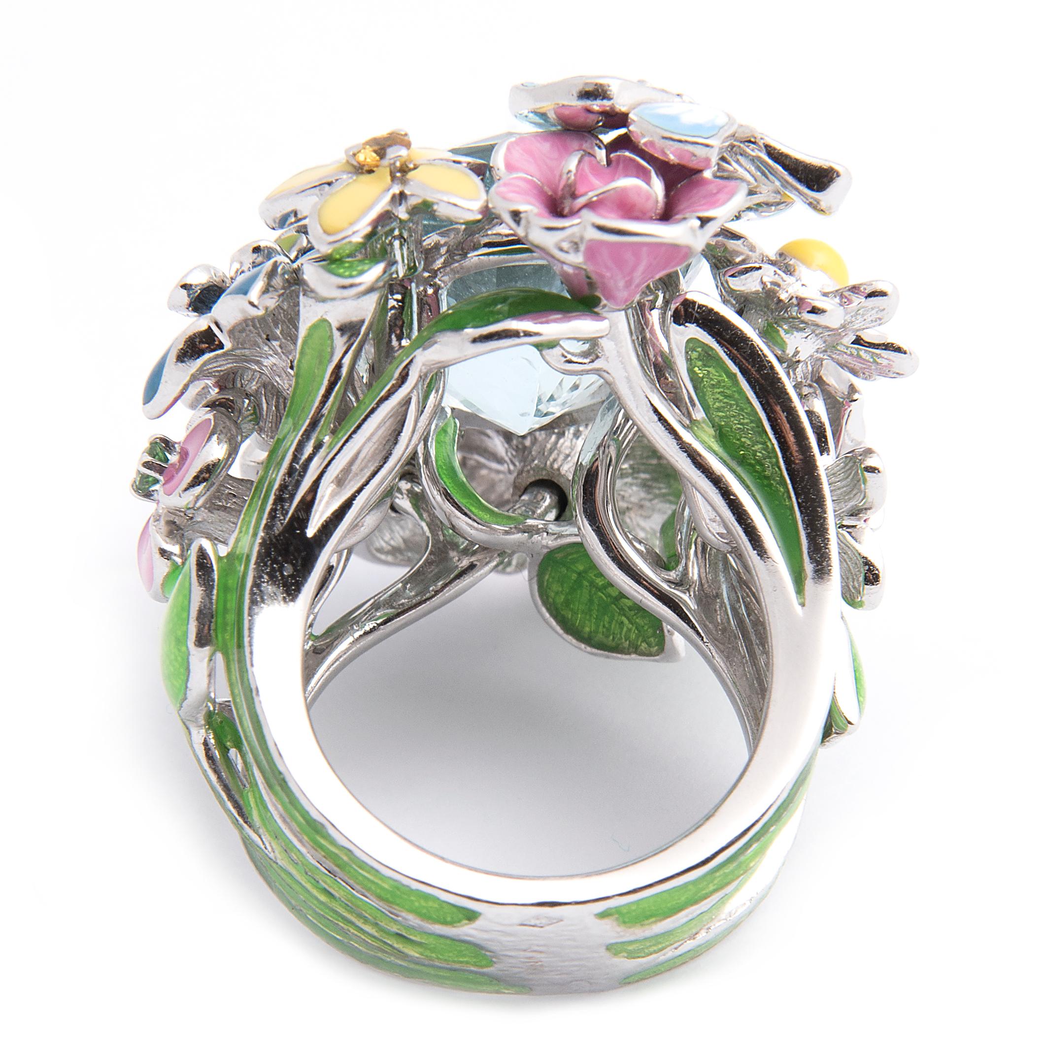 Women's Dior 'Diorette' 18k White Gold, Lacquer and Aquamarine Flower Ring For Sale