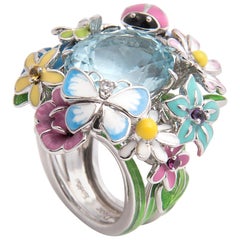 Dior 'Diorette' 18k White Gold, Lacquer and Aquamarine Flower Ring