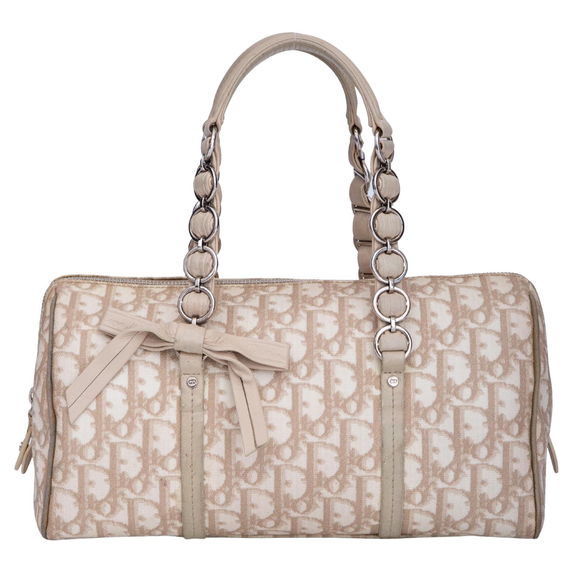 Christian Dior Beige Monogram Trotter Romantique Floral Bow Small Boston Bag  For Sale at 1stDibs