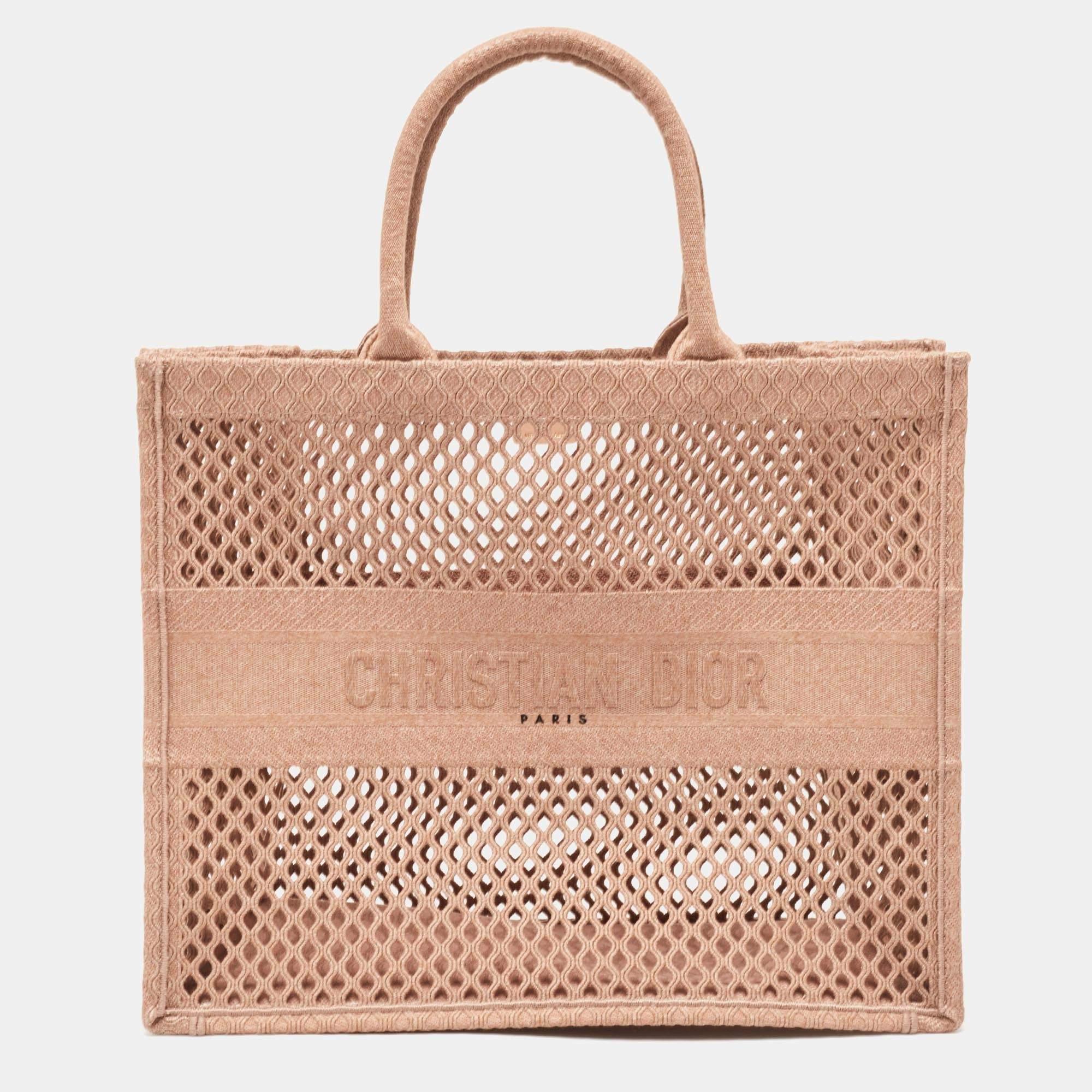 Dior Dusty Pink Mesh Embroidered Canvas Large Book Tote For Sale 10