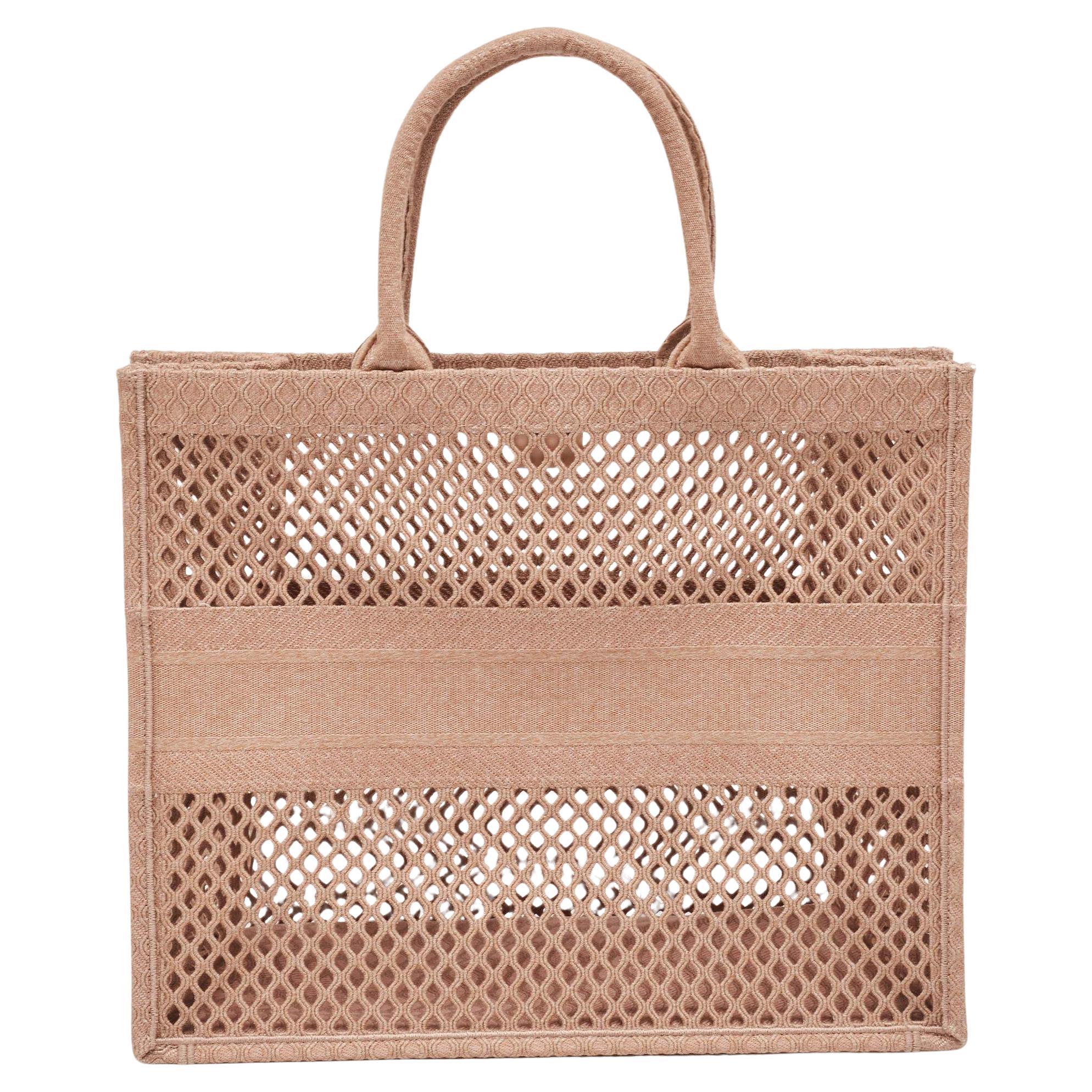 Dior Dusty Pink Mesh Embroidered Canvas Large Book Tote For Sale