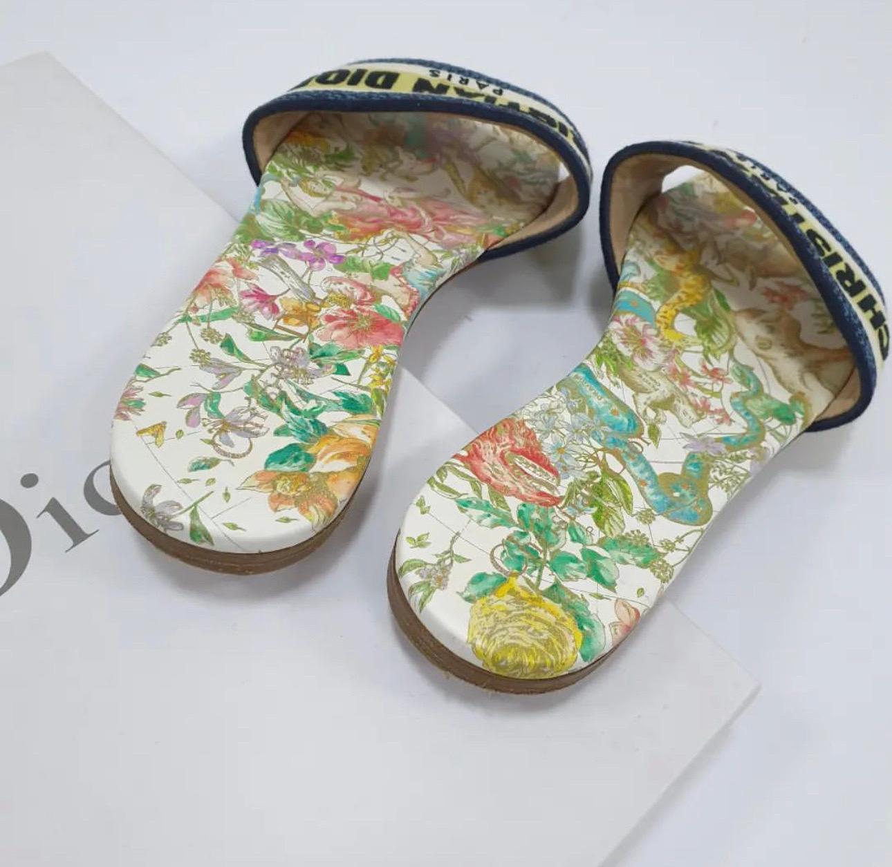 Beige DIOR Dway Embroidered Multicolor Slides Mules Sandals