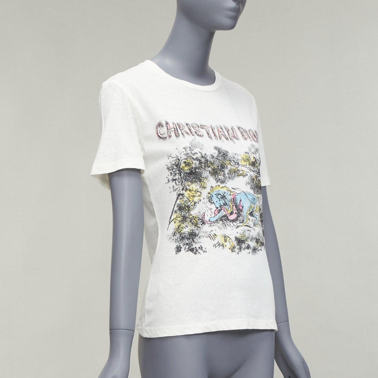 DIOR ecru Toile De Jouy Logo Grafikdruck Baumwolle Leinen Kurzarm-T-Shirt XS im Zustand „Gut“ im Angebot in Hong Kong, NT