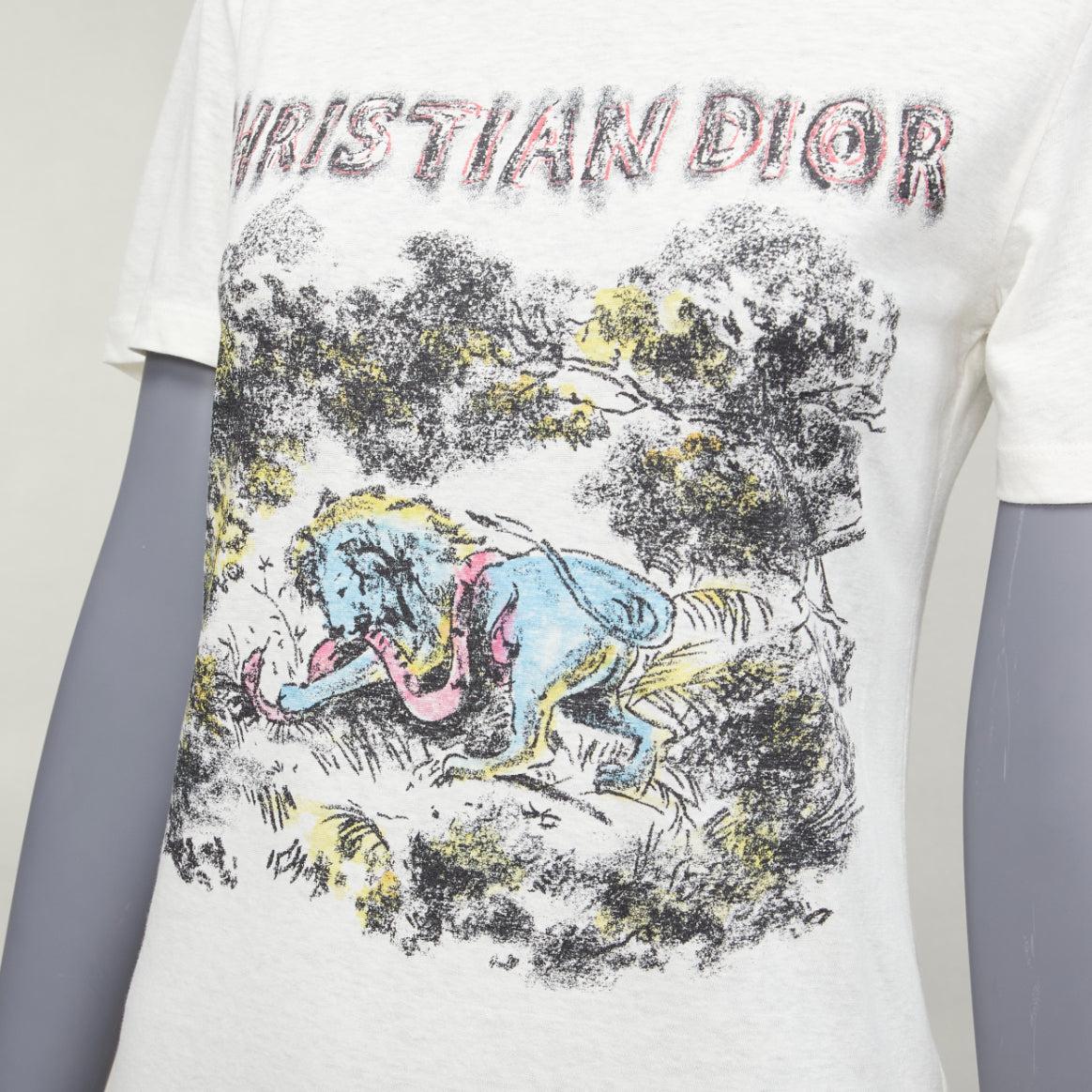 DIOR ecrù Toile De Jouy stampa grafica logo cotone lino manica corta tshirt XS in vendita 2
