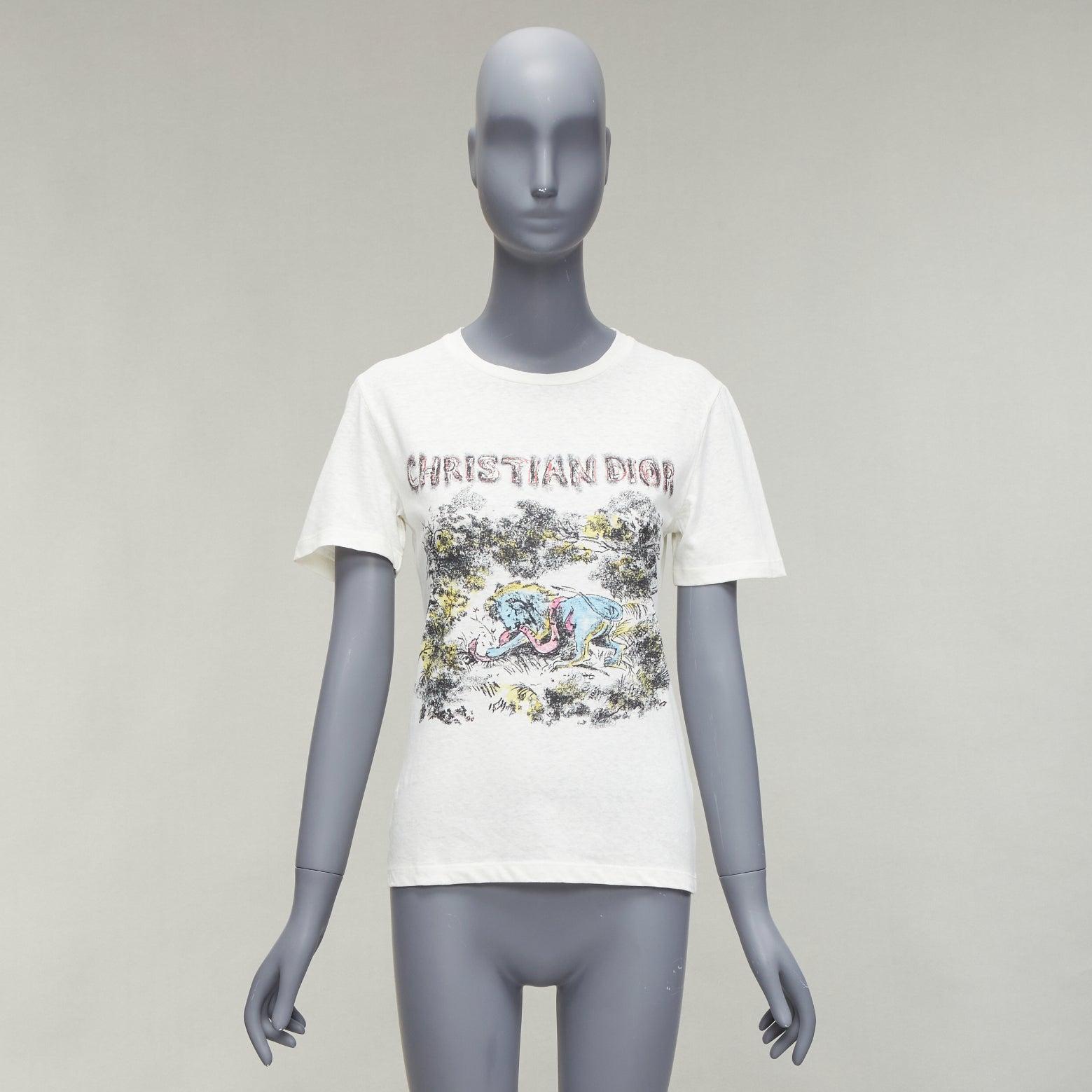 DIOR ecru Toile De Jouy logo graphic print cotton linen short sleeve tshirt XS For Sale 5