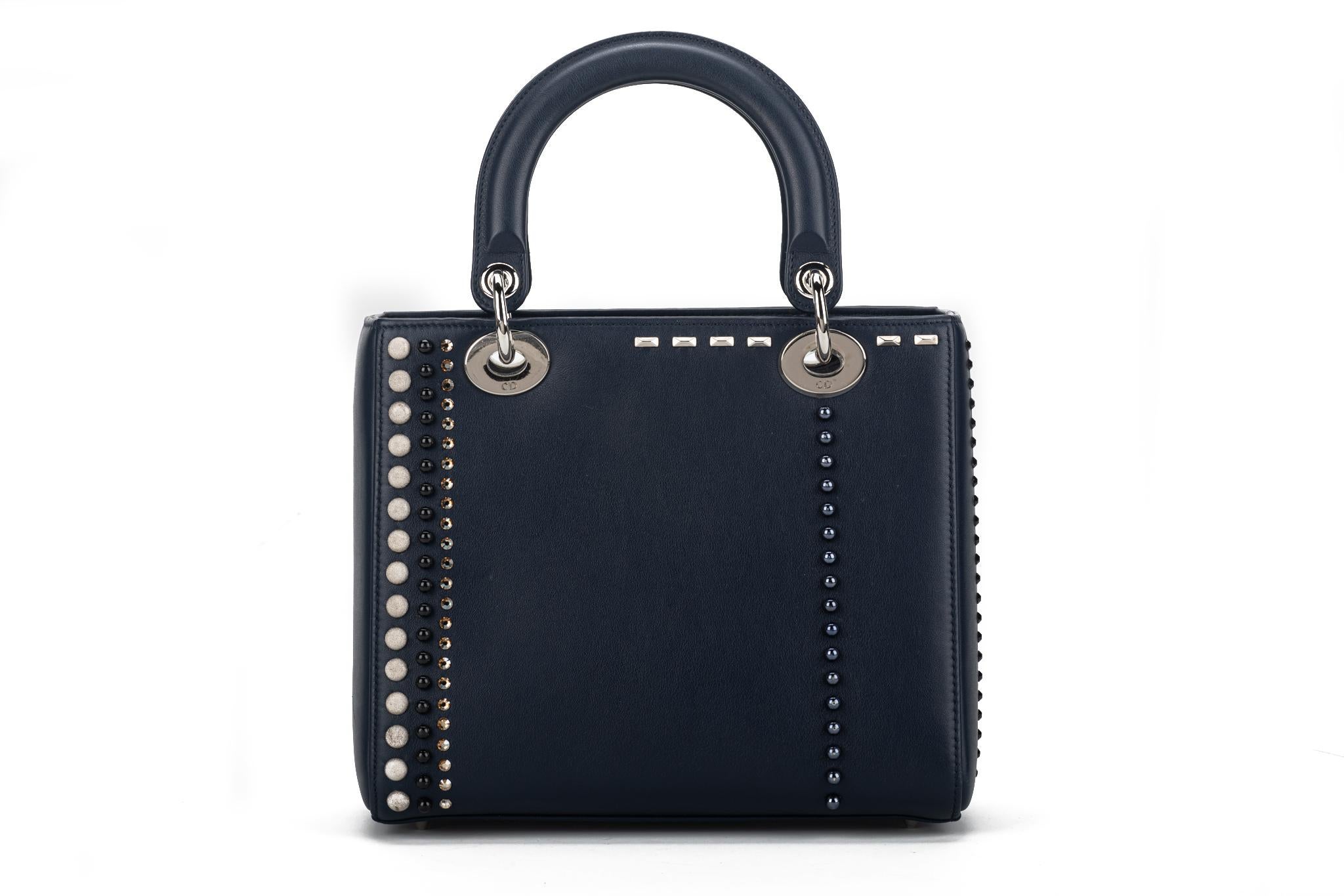 Dior Embellished Navy Lady Dior Medium In Excellent Condition For Sale In West Hollywood, CA