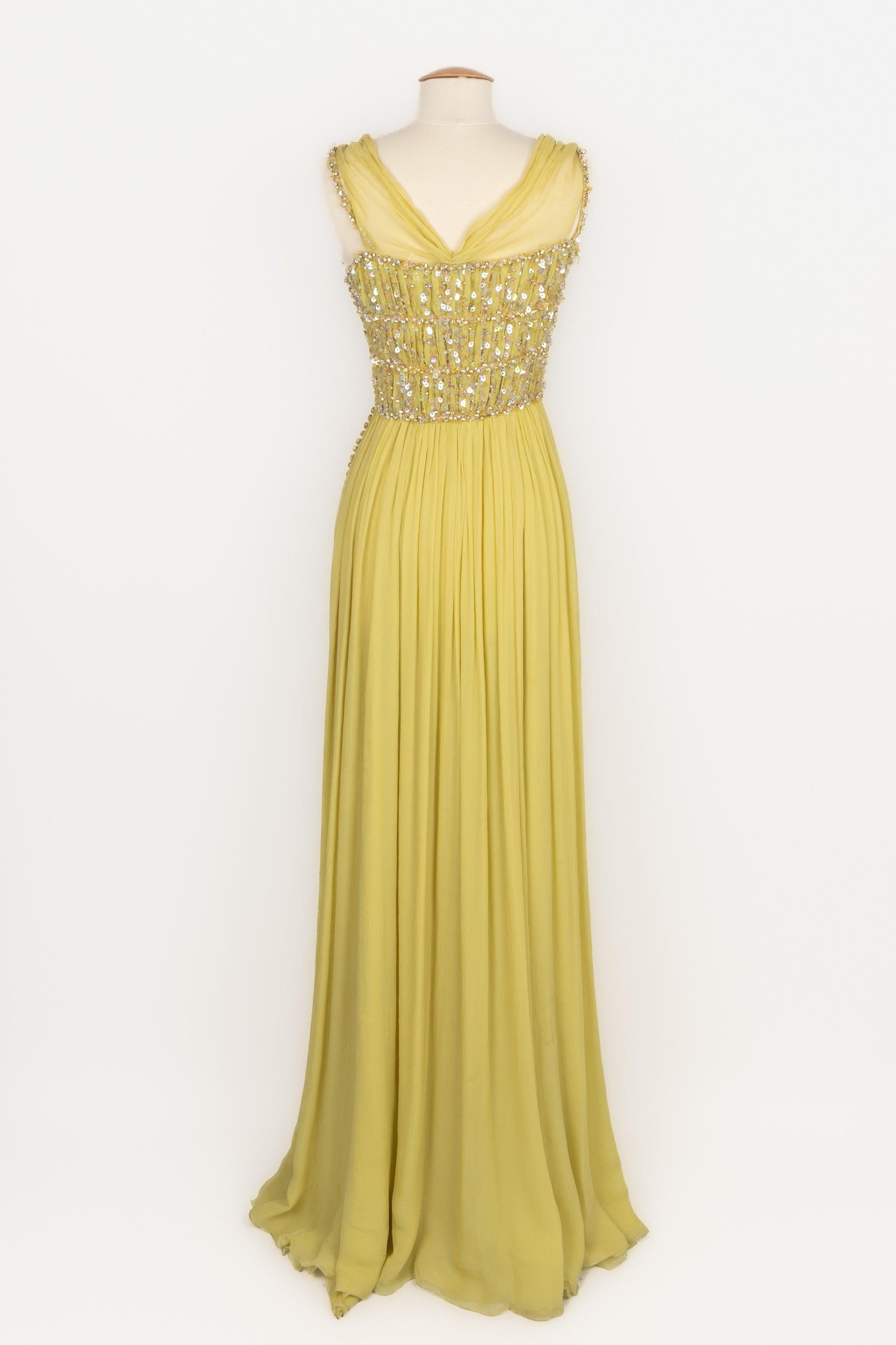 Dior Embroidered Long Yellow Silk Muslin Dress Resort, 2011 In Excellent Condition For Sale In SAINT-OUEN-SUR-SEINE, FR