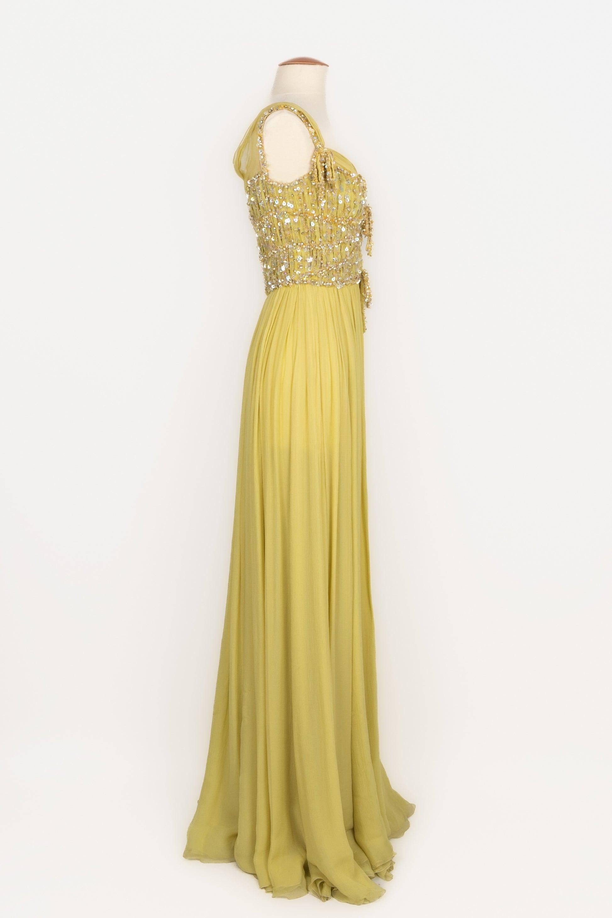 Women's Dior Embroidered Long Yellow Silk Muslin Dress Resort, 2011 For Sale