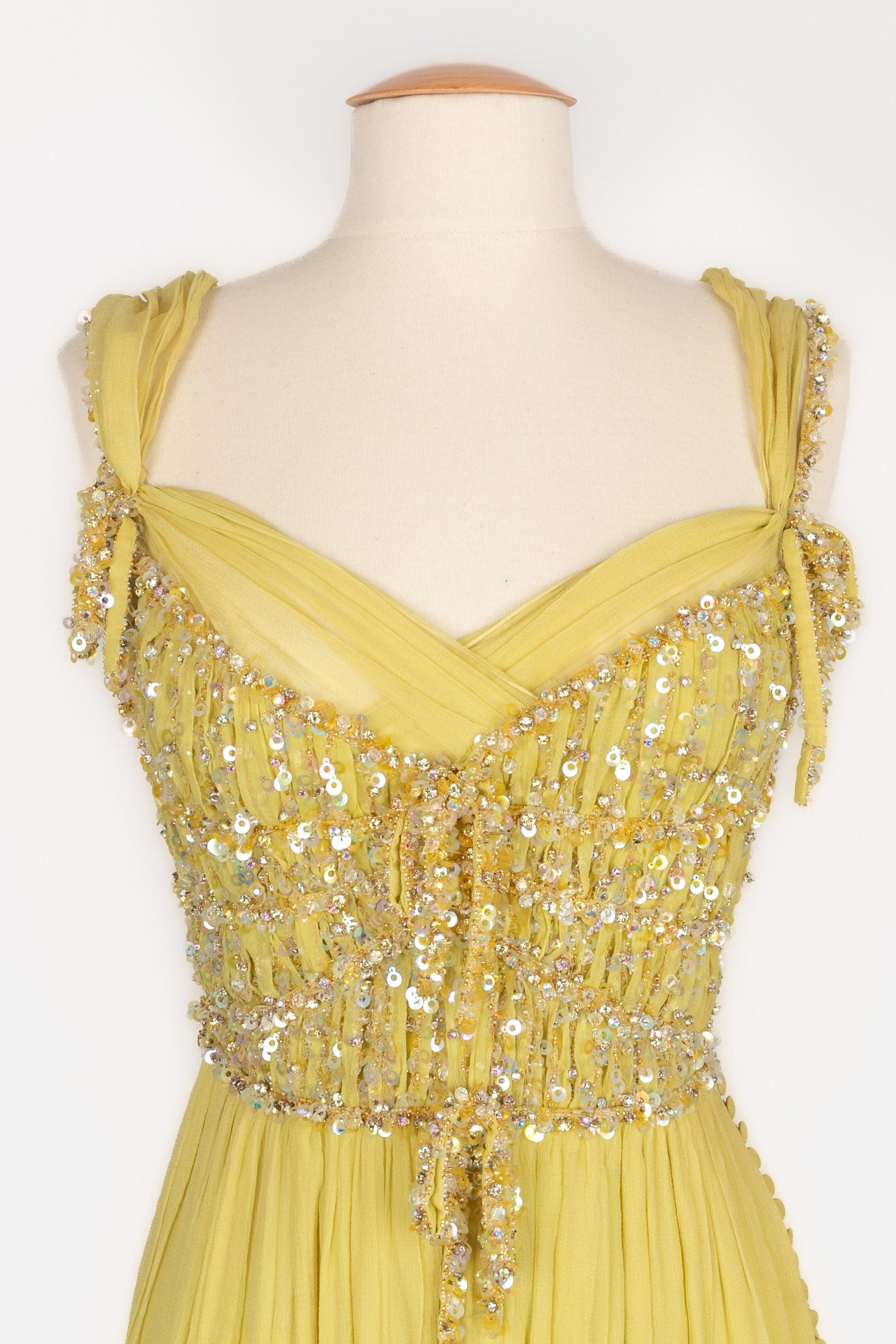Dior Embroidered Long Yellow Silk Muslin Dress Resort, 2011 For Sale 1