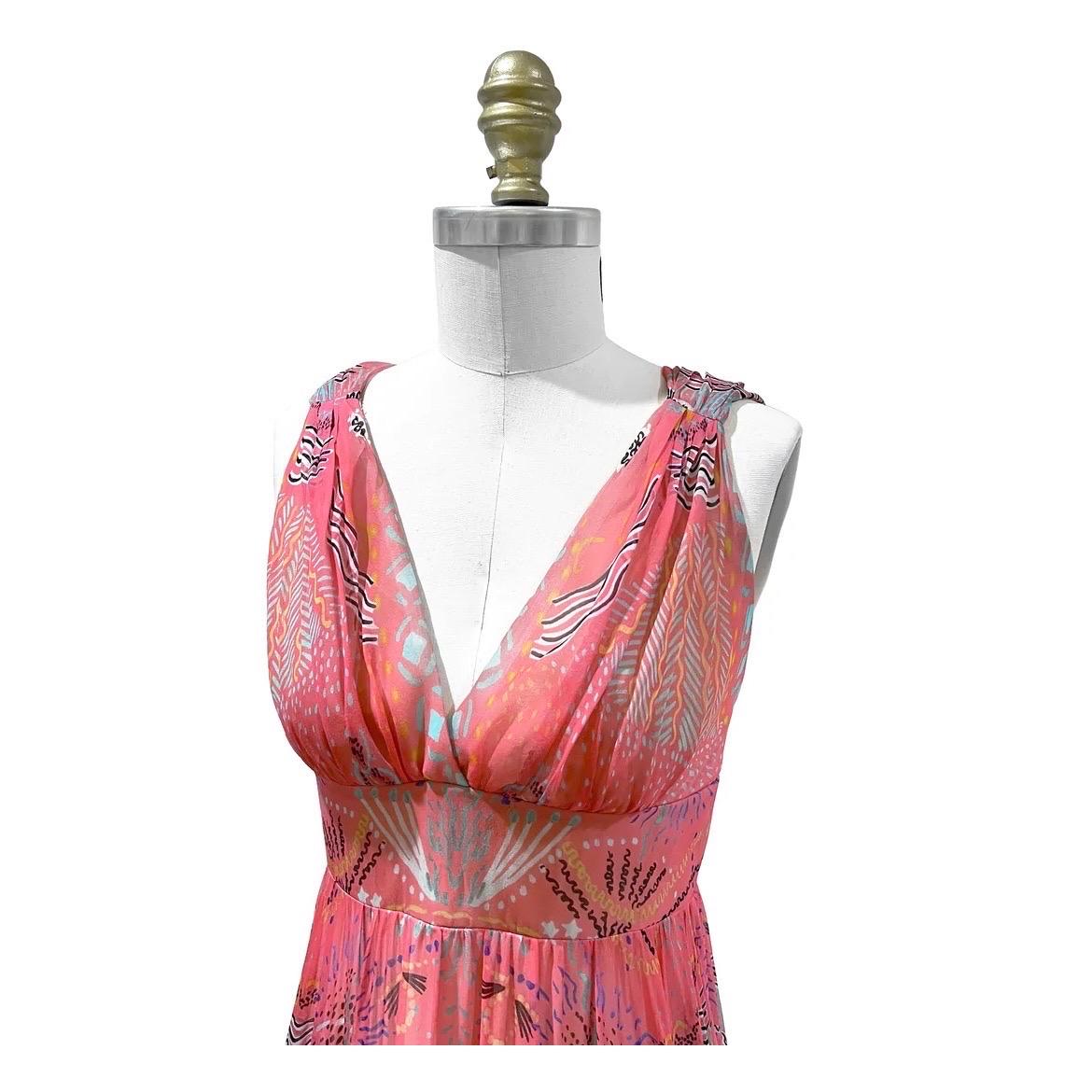 Empire Squiggle Print Dress by Christian Dior  
Made in France 
Pink 
Abstract squiggle print detail throughout dress
Sheer silk fabric
