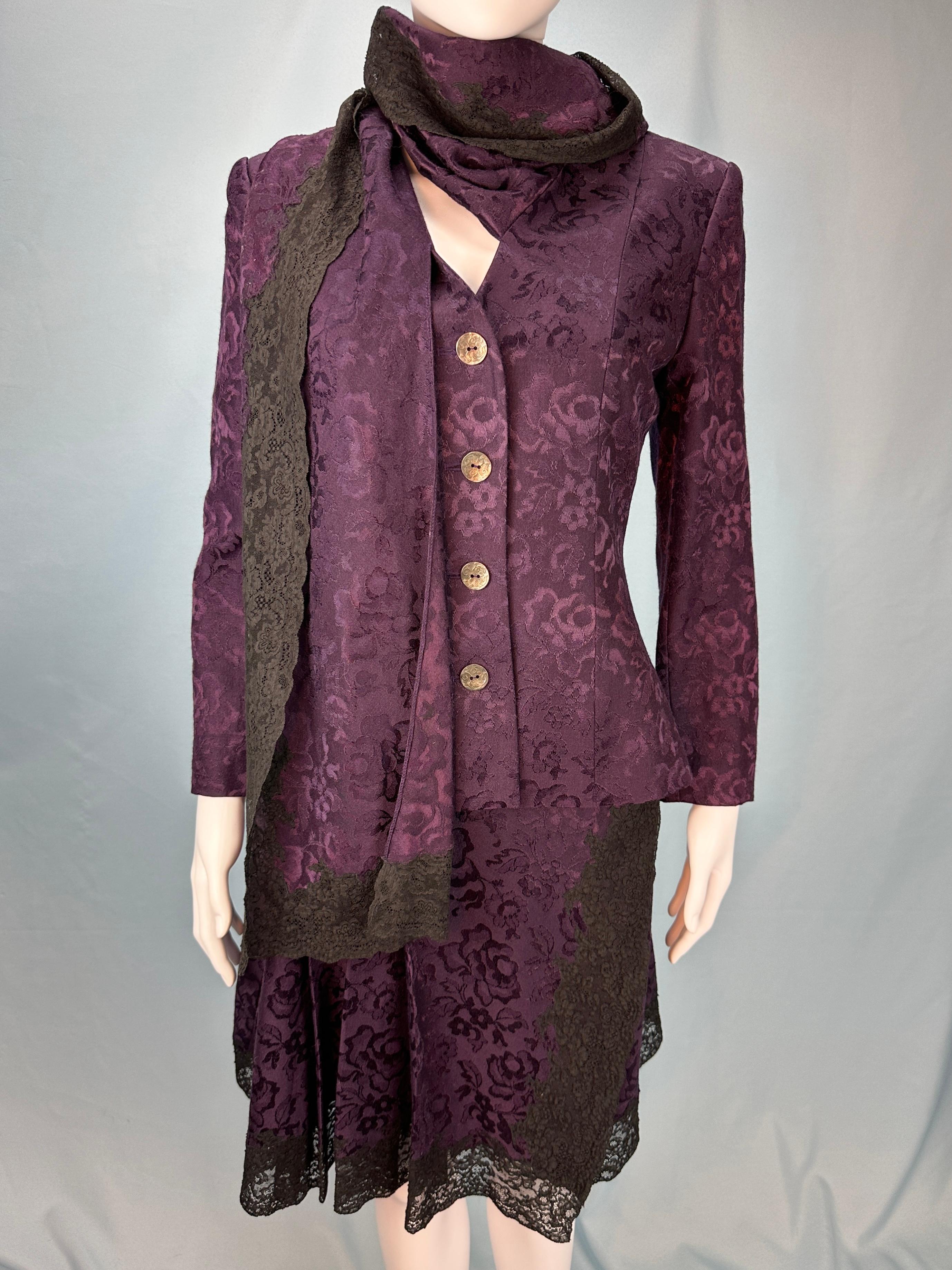 Dior Fall 1998 Purple Silk Brocade and Lace Skirt & Jacket Set For Sale 2