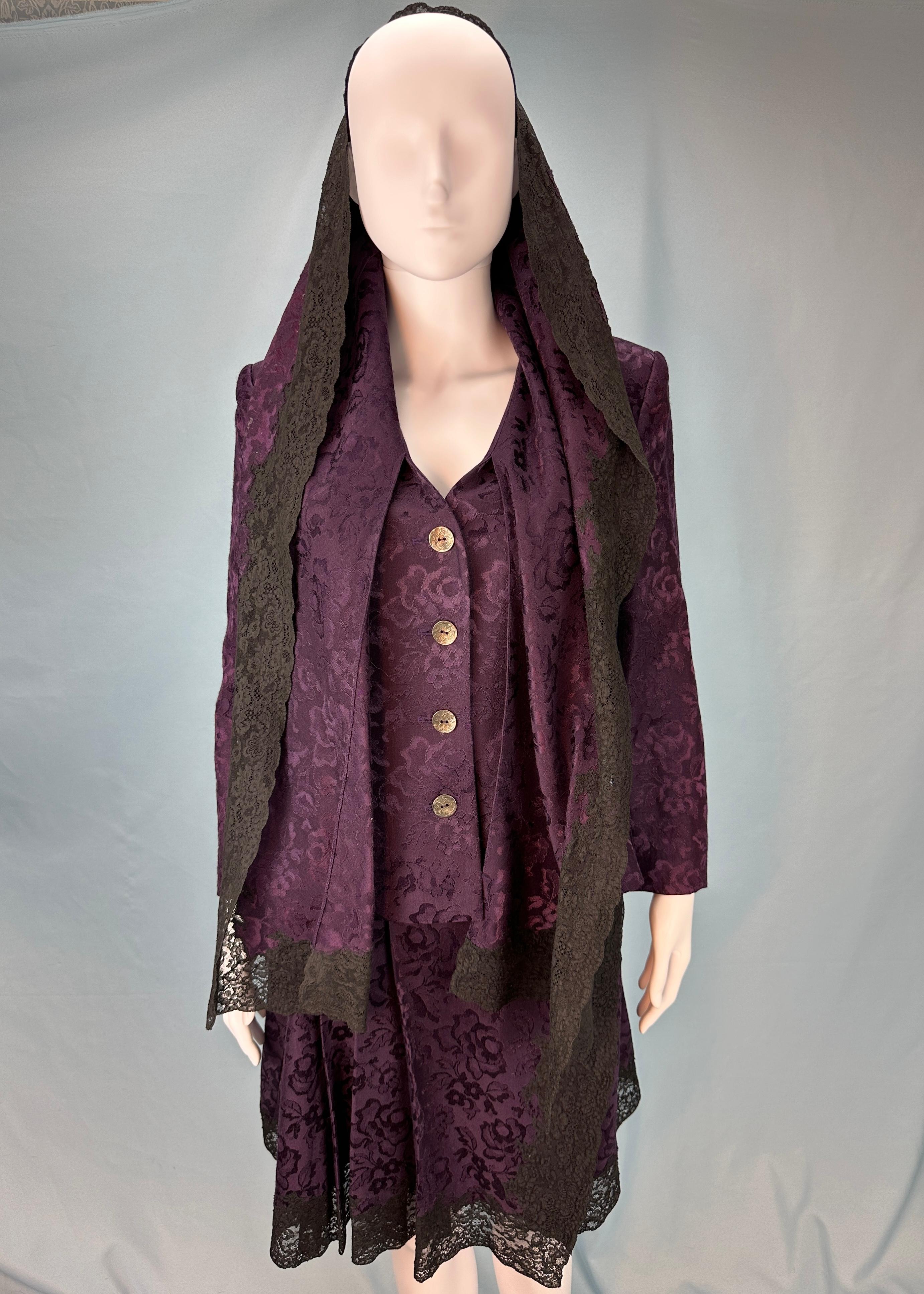 Dior Fall 1998 Purple Silk Brocade and Lace Skirt & Jacket Set For Sale 3