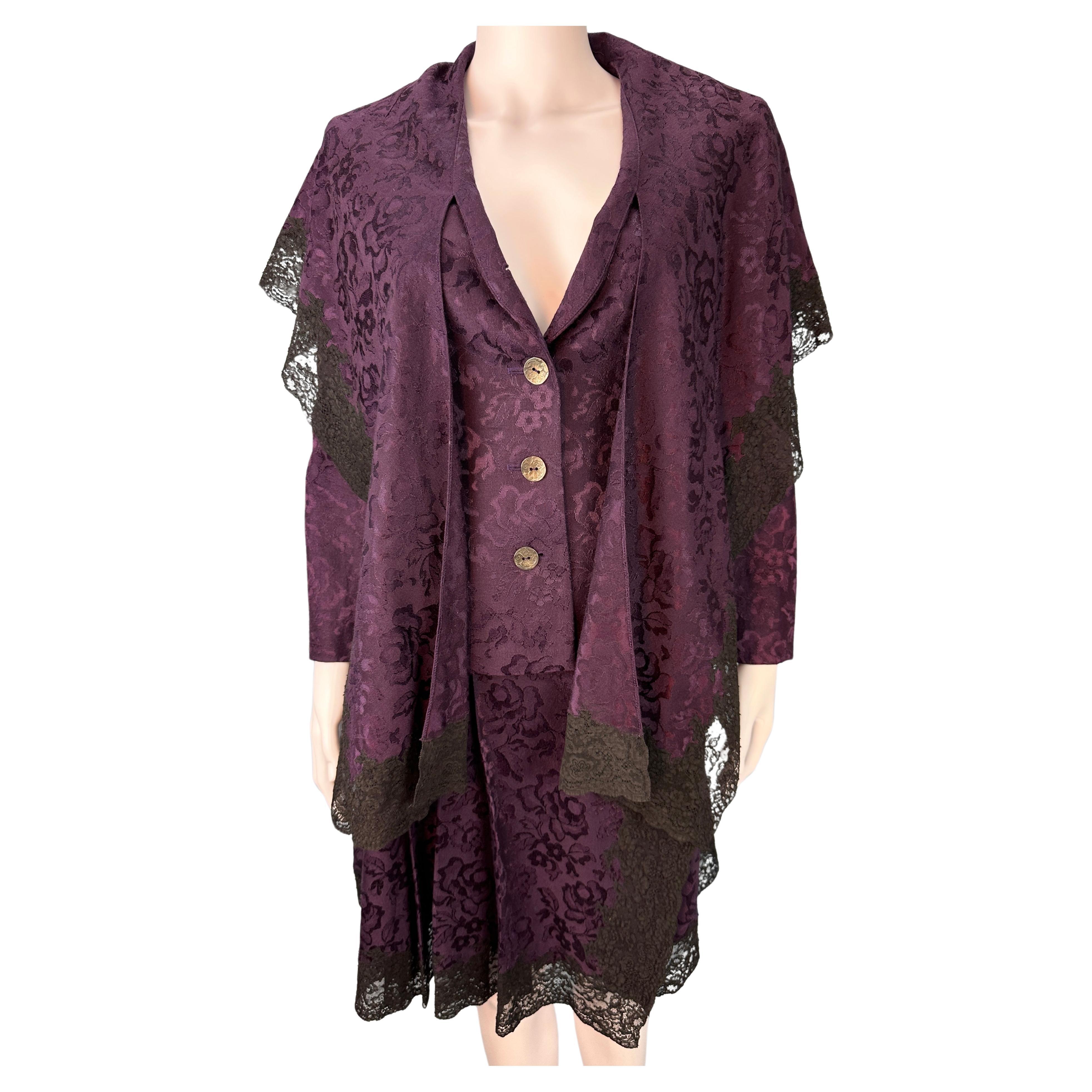 Dior Fall 1998 Purple Silk Brocade and Lace Skirt & Jacket Set For Sale