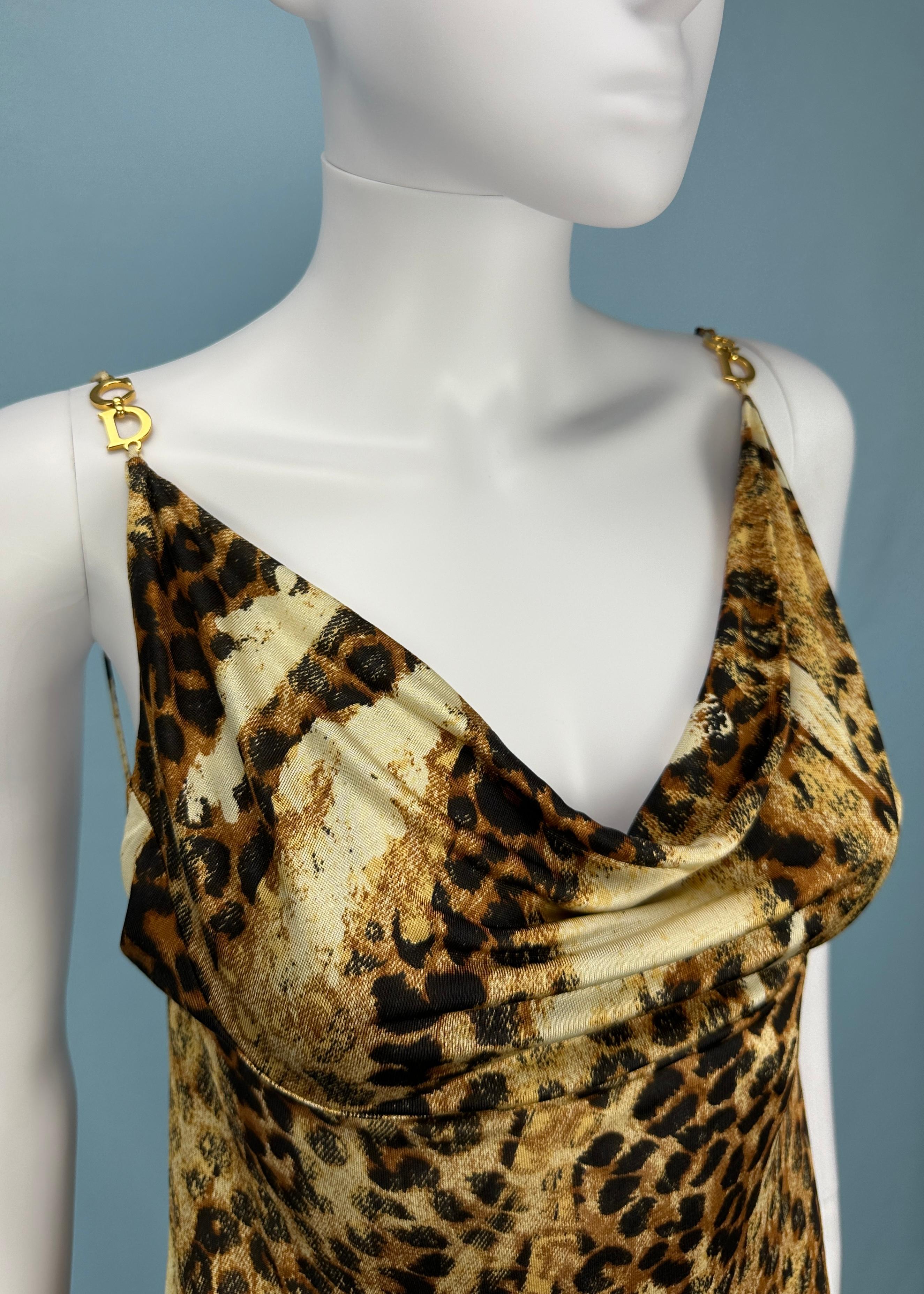 Dior Fall 2000 CD Strap Leopard Asymmetric Dress In Excellent Condition In Hertfordshire, GB