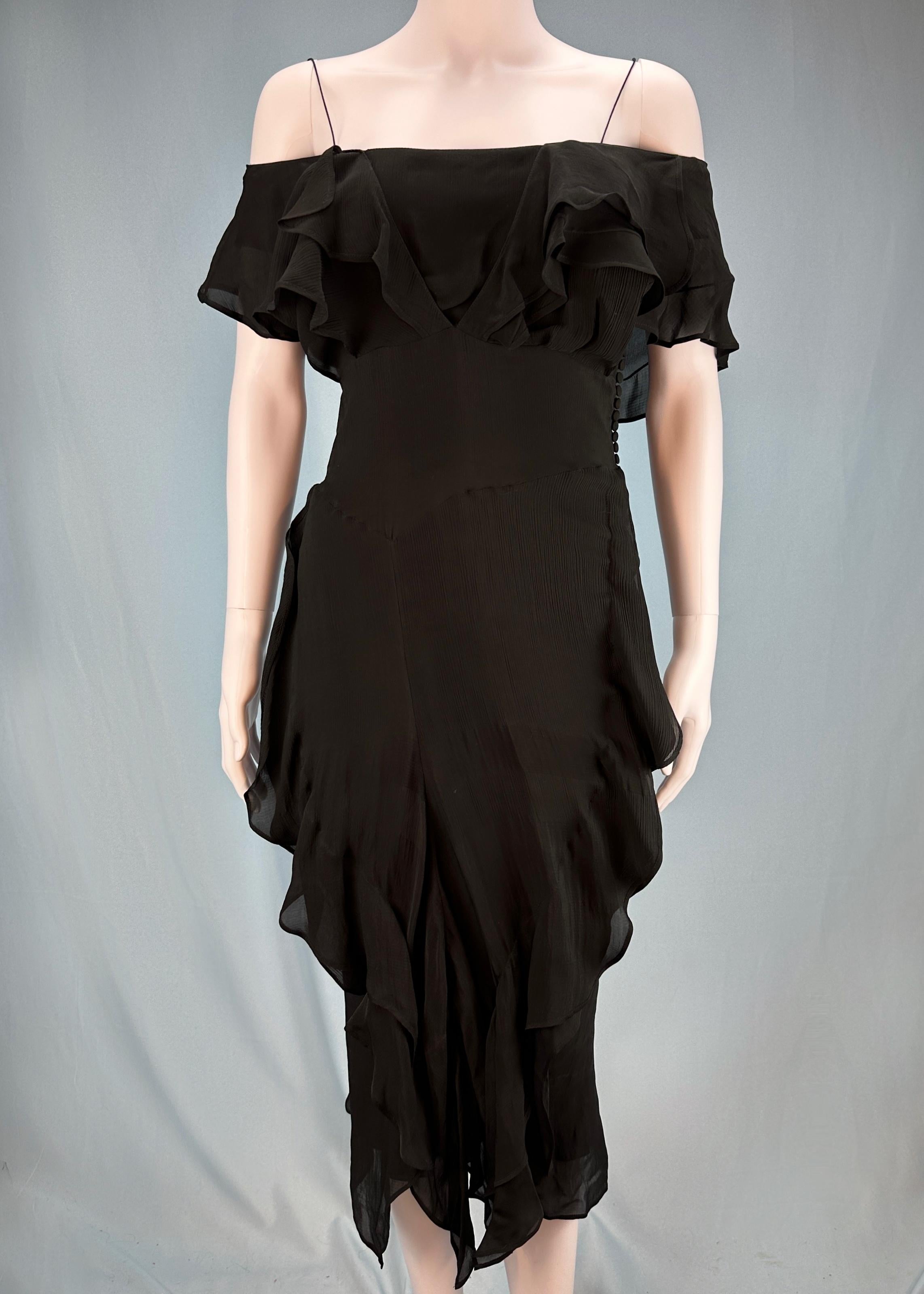 Vintage Dior
Fall 2006
by John Galliano 

Black silk chiffon ruffle detail dress
Midi length
Can be worn on or off shoulder 
Double layered - slip dress under ruffle dress, attached together
Silk covered buttons up one side 

Size UK 8 / US 4