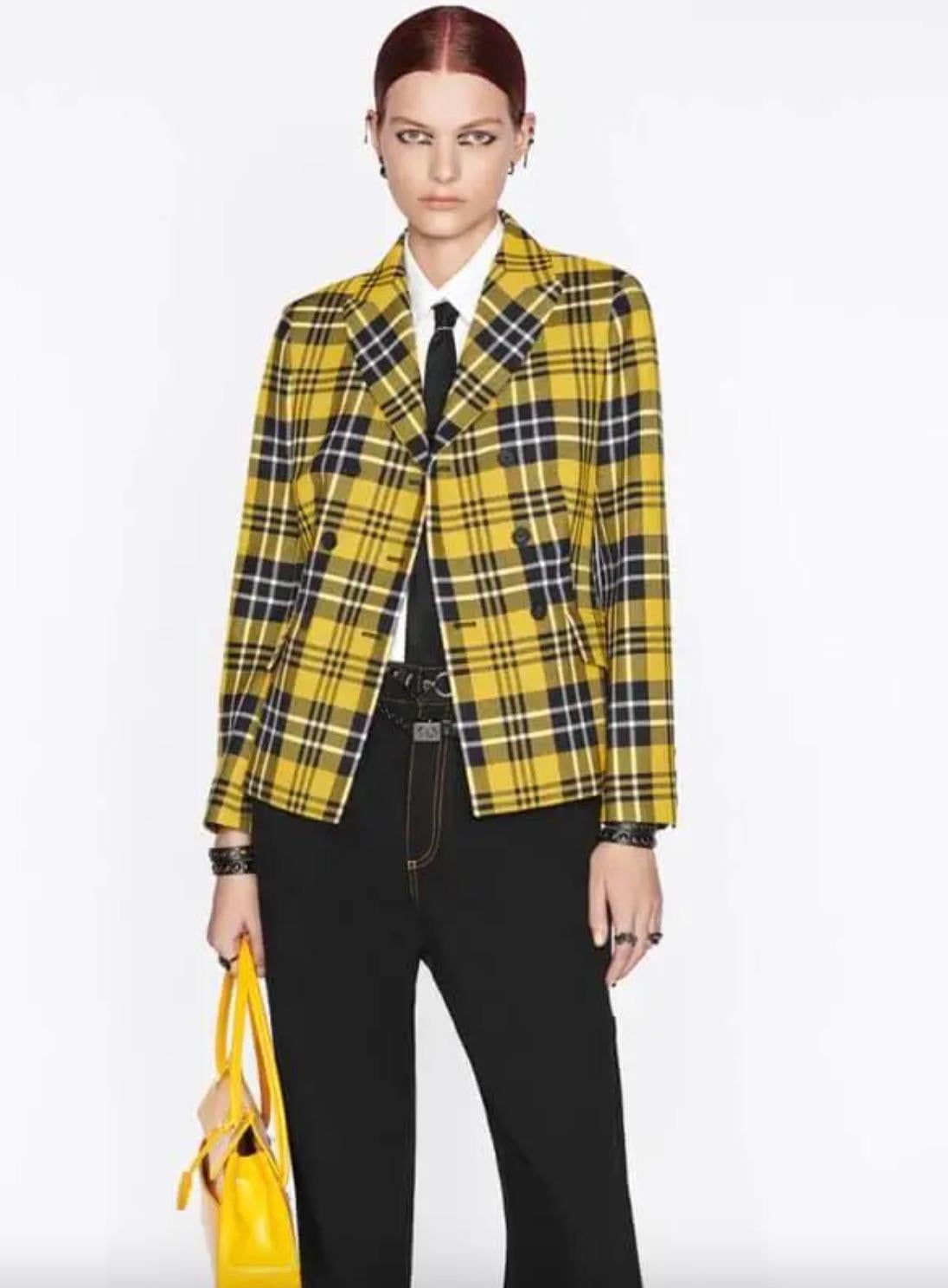 Dior automne/hiver 2022 - Blazer sans poignée à carreaux jaunes et noirs en vente 13