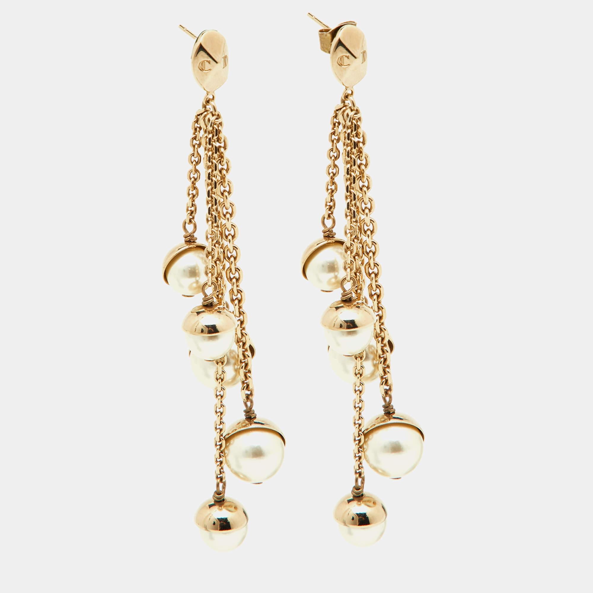 Dior Faux Pearl & Gold Tone Multi Chain Drop Earrings In Good Condition In Dubai, Al Qouz 2