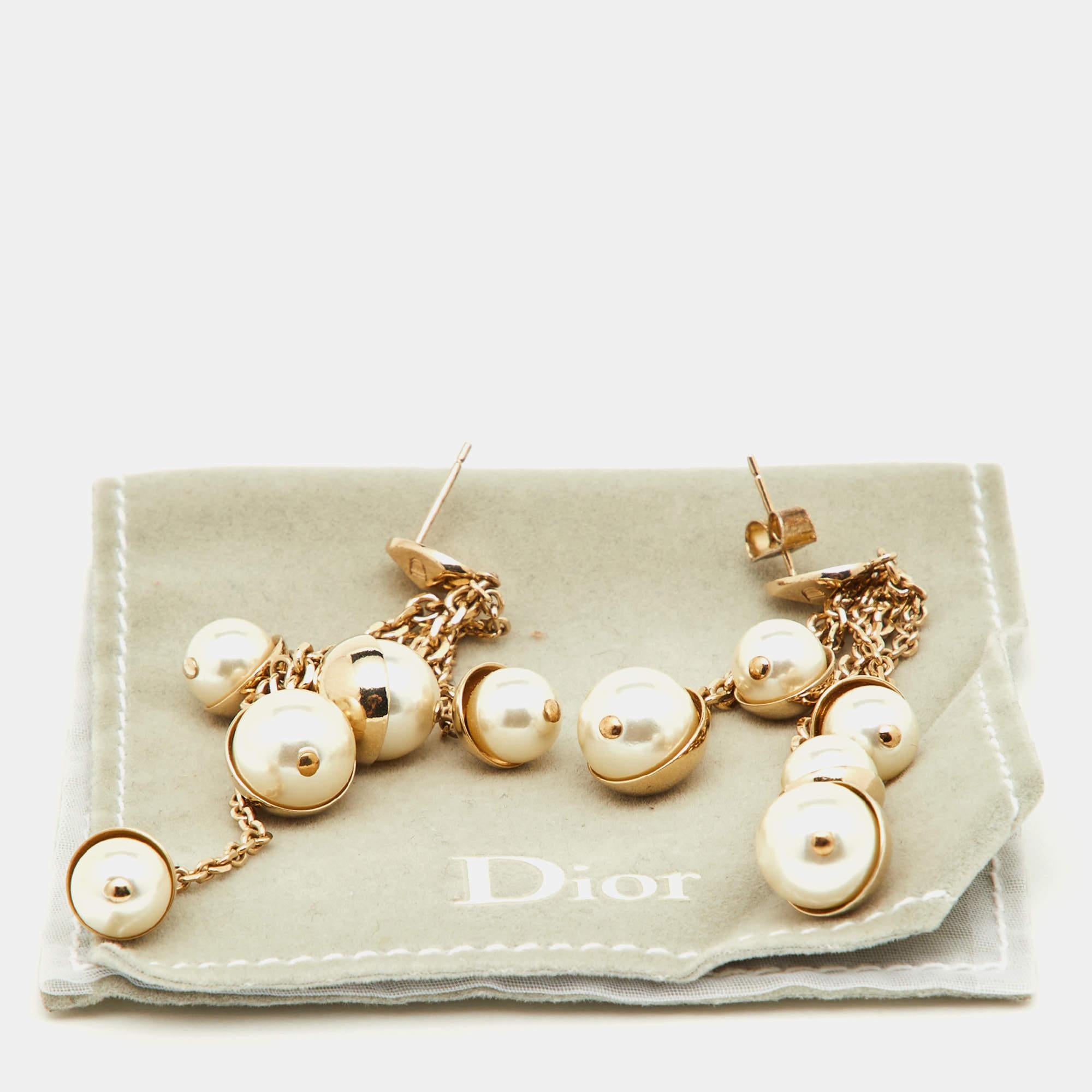 Dior Faux Pearl & Gold Tone Multi Chain Drop Earrings For Sale 1
