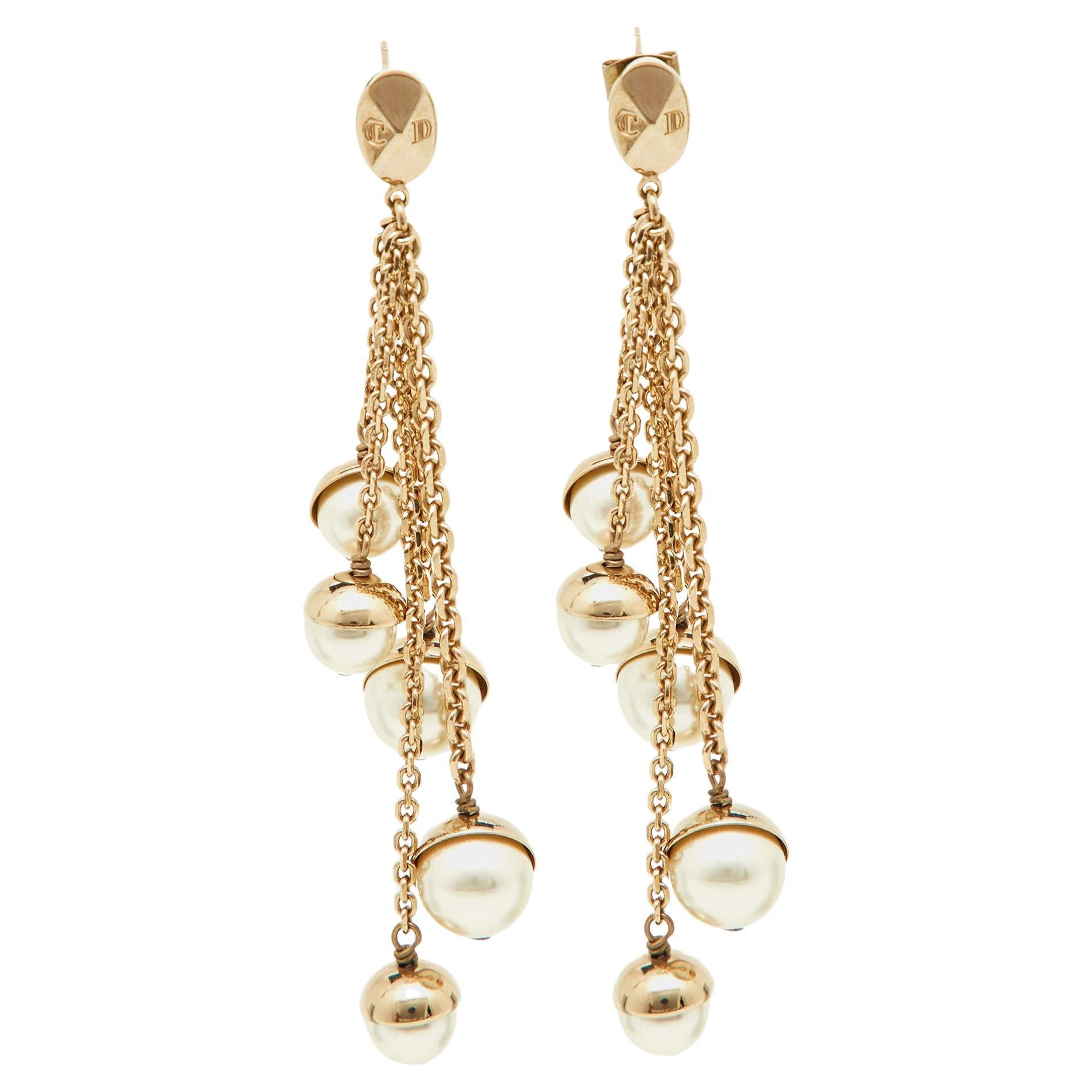 Dior Faux Pearl & Gold Tone Multi Chain Drop Earrings For Sale