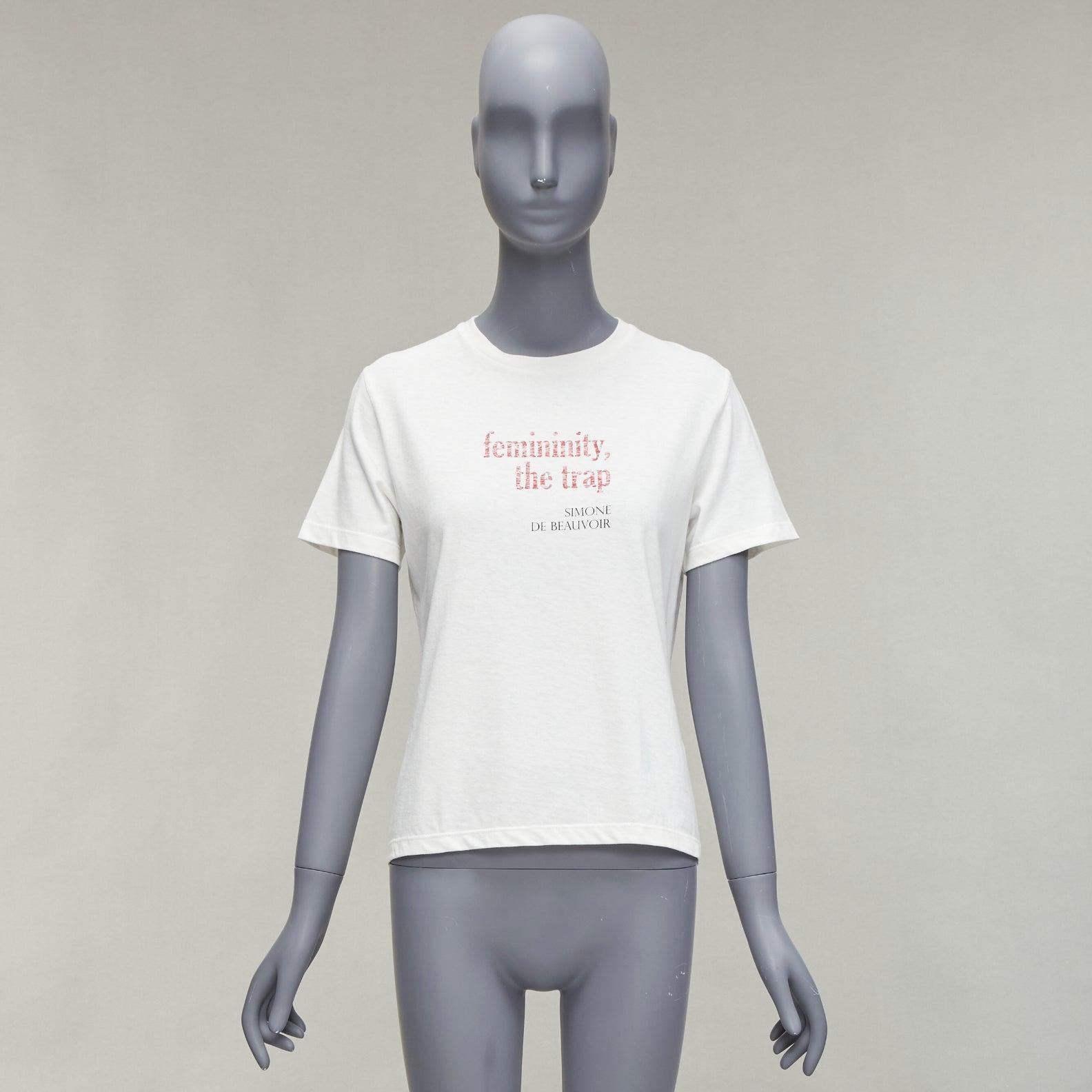 DIOR Feminity The Trap Simone De Beauvoir print white cotton linen tshirt XS For Sale 6