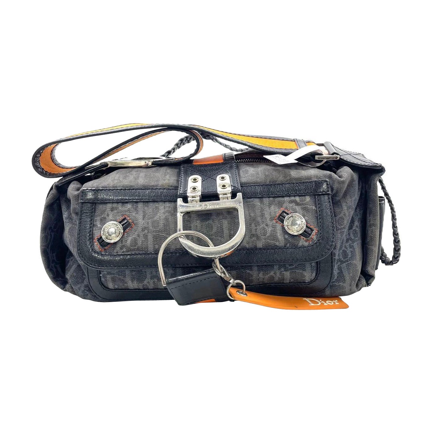 Dior Flight Medium Black Oblique Monogram Orange Strap Shoulder Bag For Sale