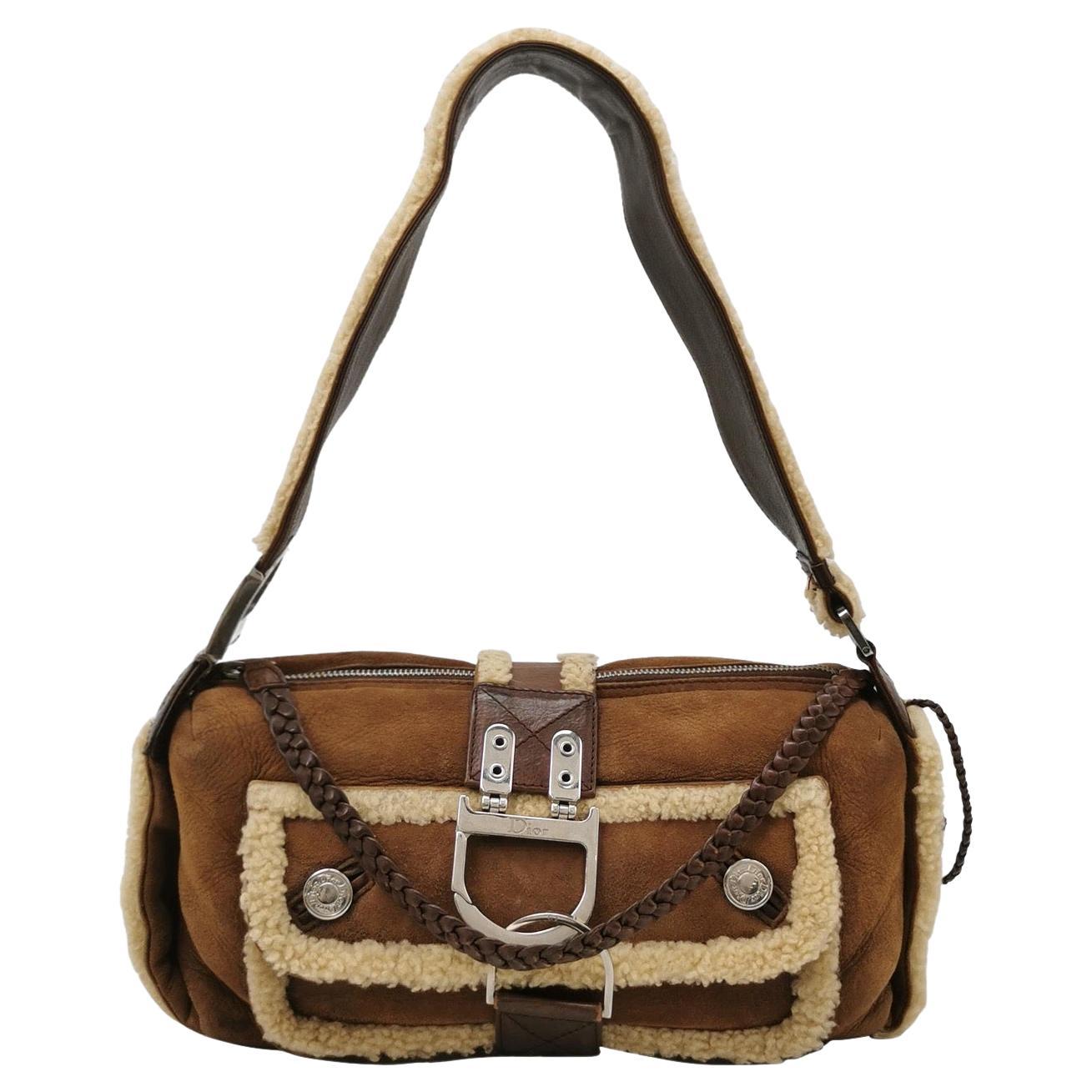 Dior Flight Medium Brown Shearling Leather Shoulder Bag en vente
