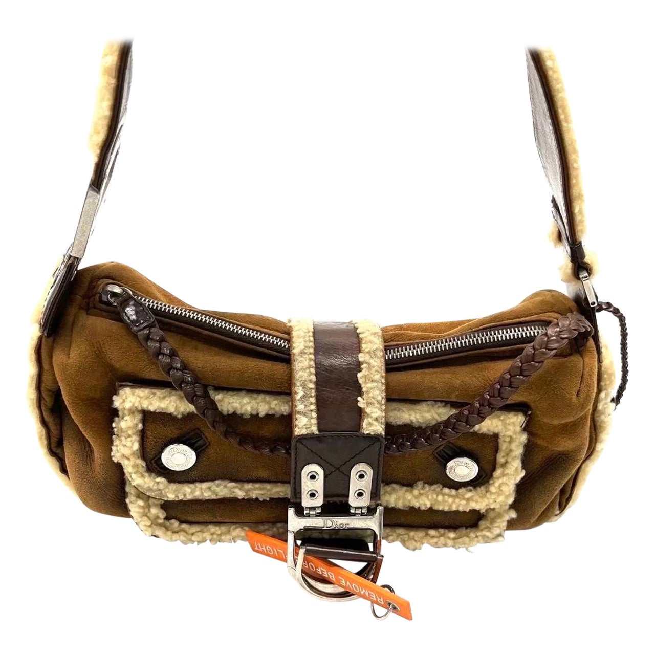 Dior Flight Medium Borsa a tracolla in pelle di montone marrone con etichetta arancione in vendita