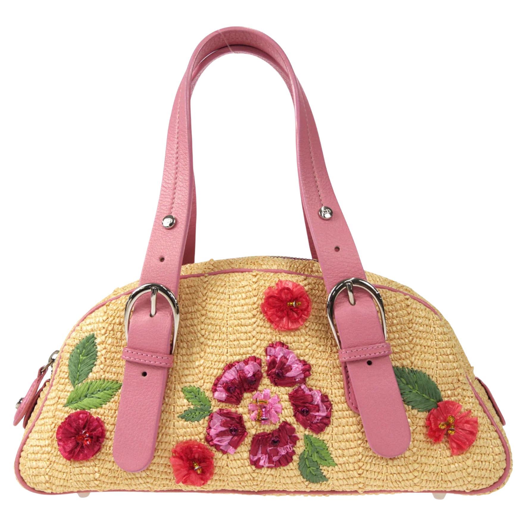 Dior Floral Embroidered Beige Straw Handbag For Sale