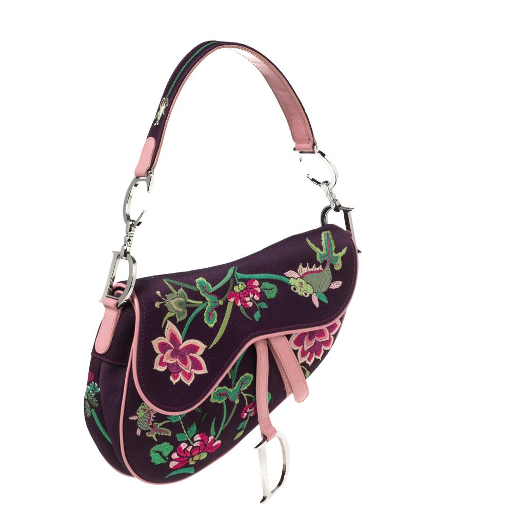 Black Dior Floral Embroidered Fabric and Patent Leather Limited Edition Saddle Bag