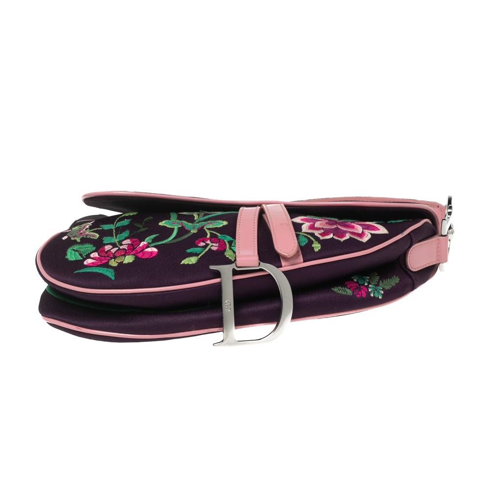 Dior Floral Embroidered Fabric and Patent Leather Limited Edition Saddle Bag In Good Condition In Dubai, Al Qouz 2