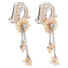 Dior Floral Enamel Resin Crystals SIlver Tone Clip On Earrings
