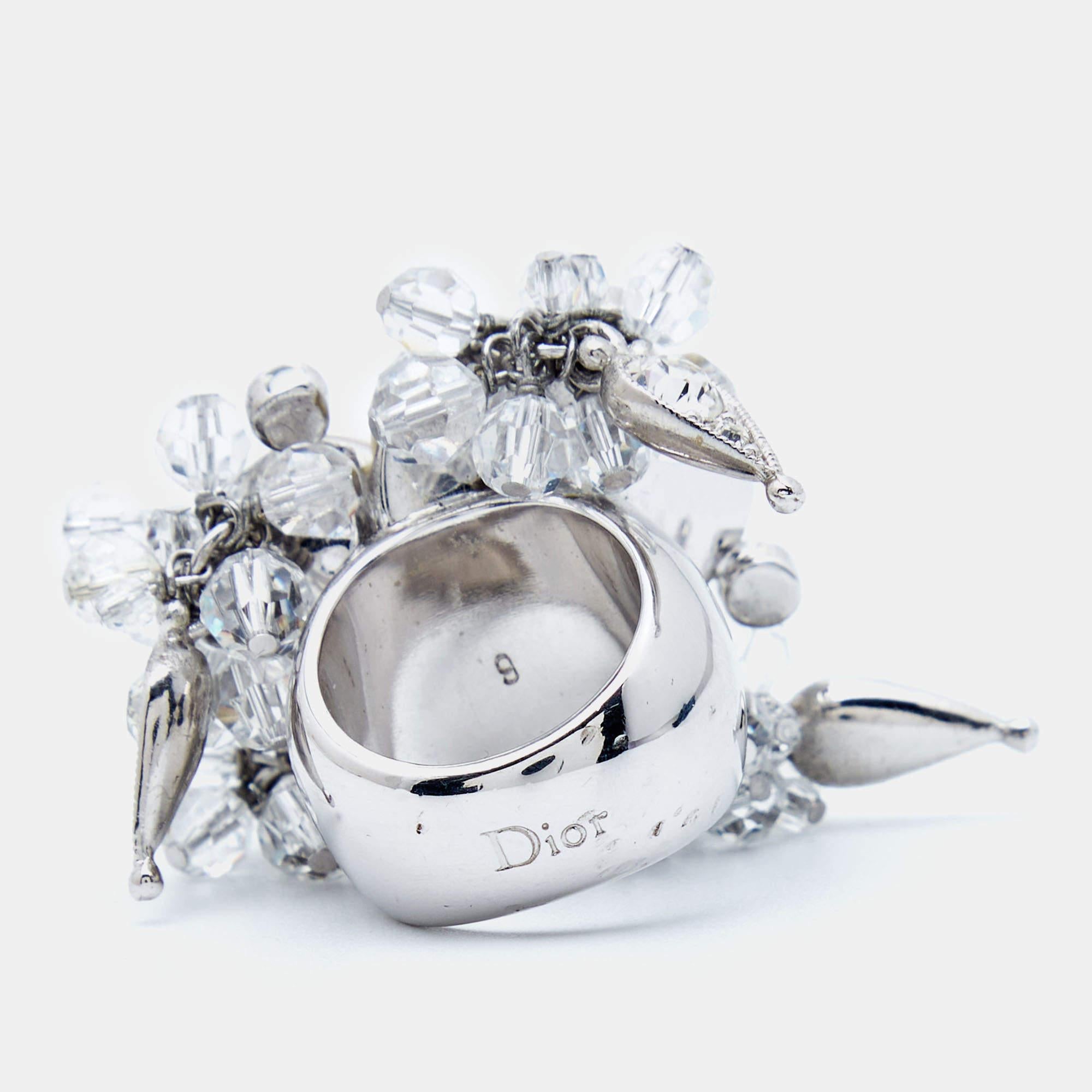 Women's Dior Flower Mother of Pearl Crystal Glass Beads Silver Tone Ring Size 52 For Sale