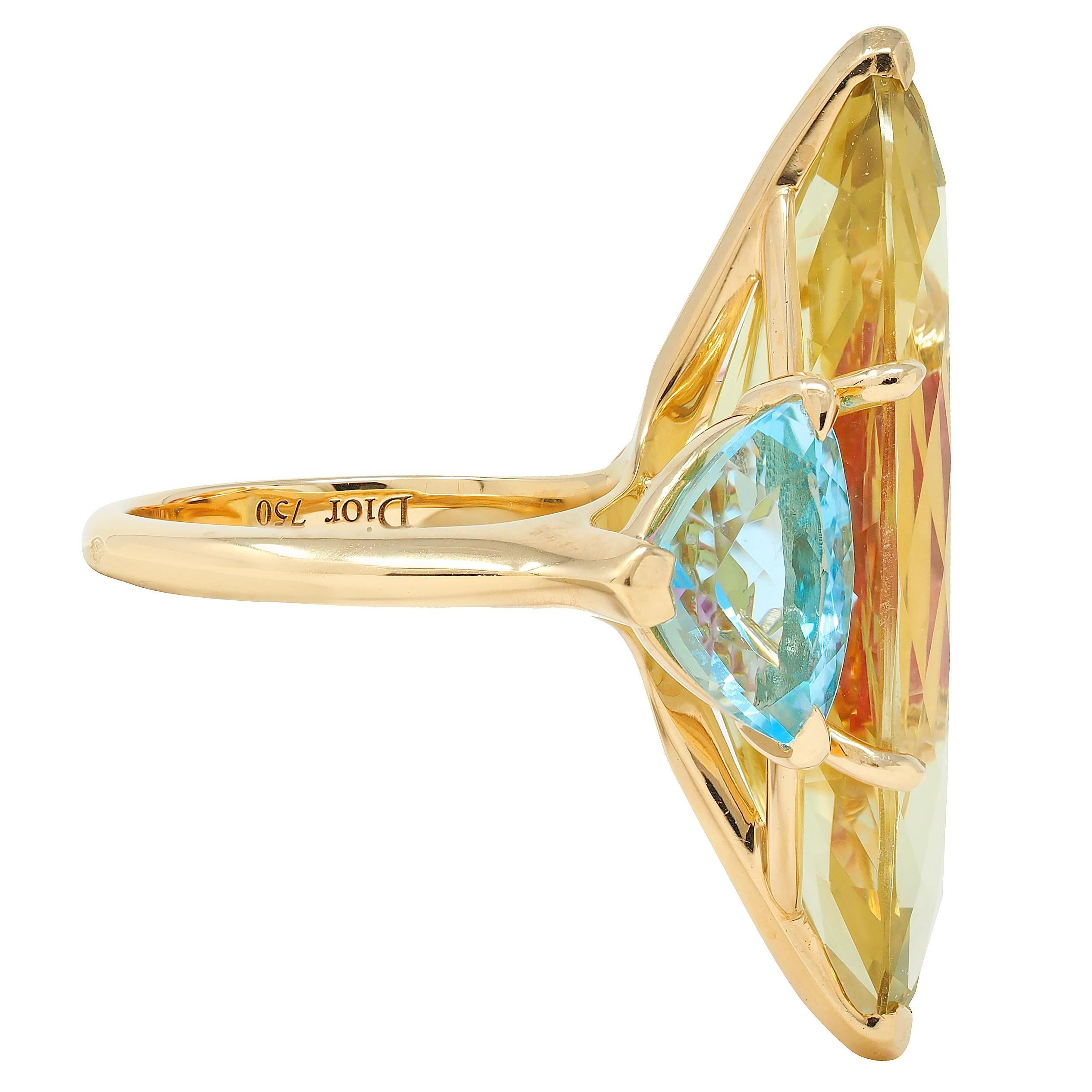 Taglio marquise Anello cocktail con tre pietre in oro 18 carati con tormalina e quarzo limone francese Dior in vendita