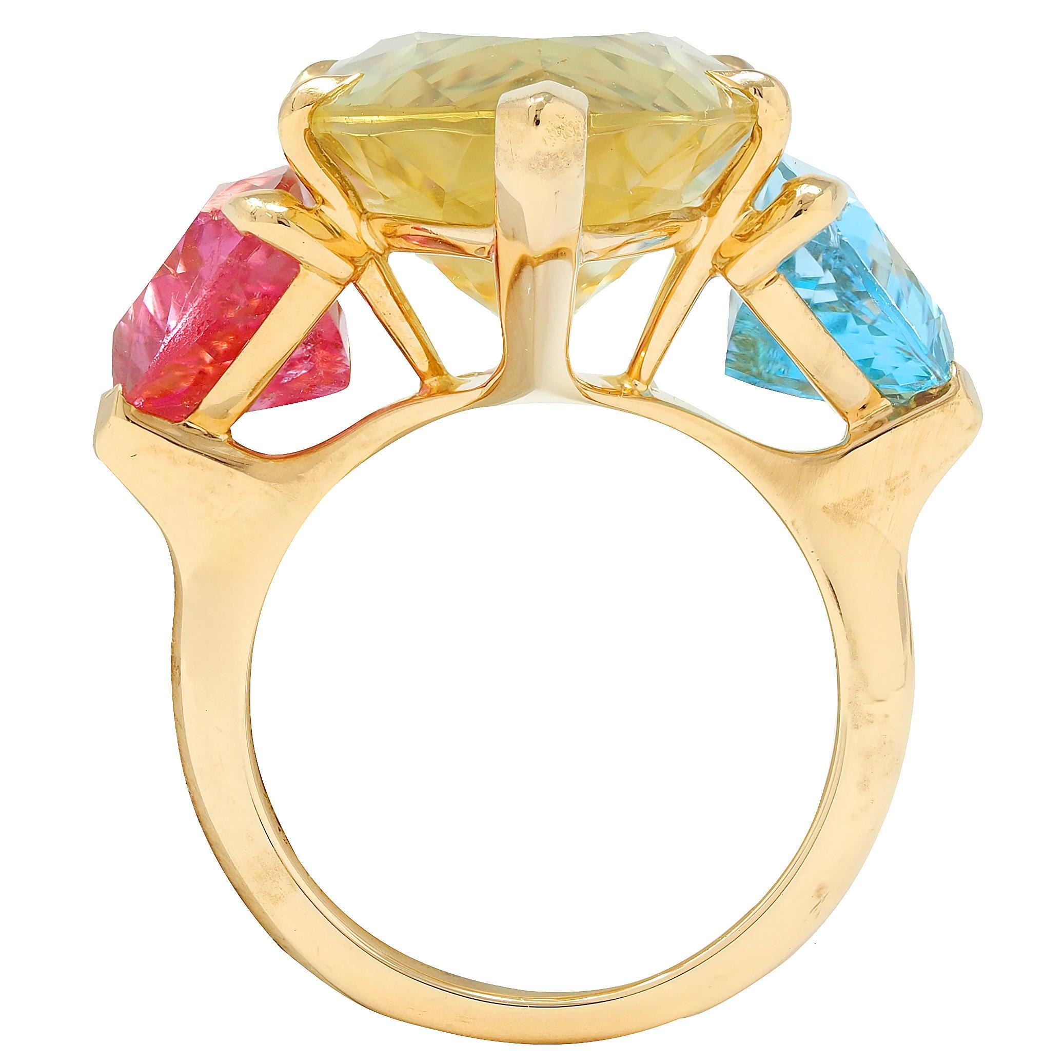 da uomo o donna Anello cocktail con tre pietre in oro 18 carati con tormalina e quarzo limone francese Dior in vendita